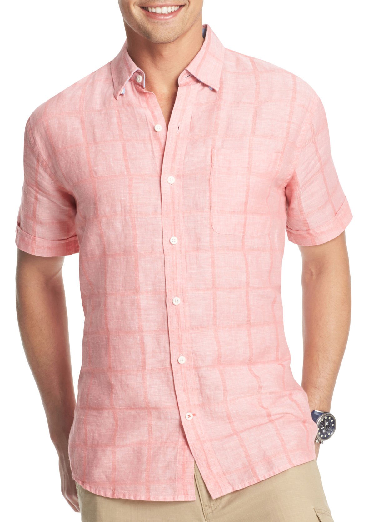IZOD Men's Short-Sleeve Plaid Seaside Poplin Shirt