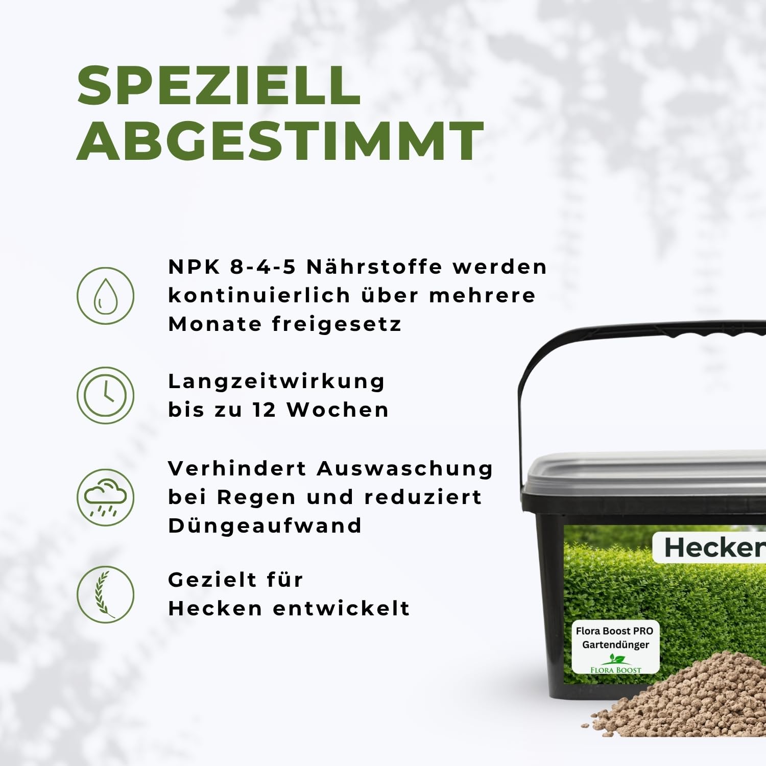 Flora Boost PRO Hecken Dünger 5 kg I Langzeitdünger NPK 8-4-5 für Thuja, Liguster, Hainbuche & Kirschlorbeer I Granulat für dichte Hecken, kräftiges Wachstum & gesunde Pflanzen