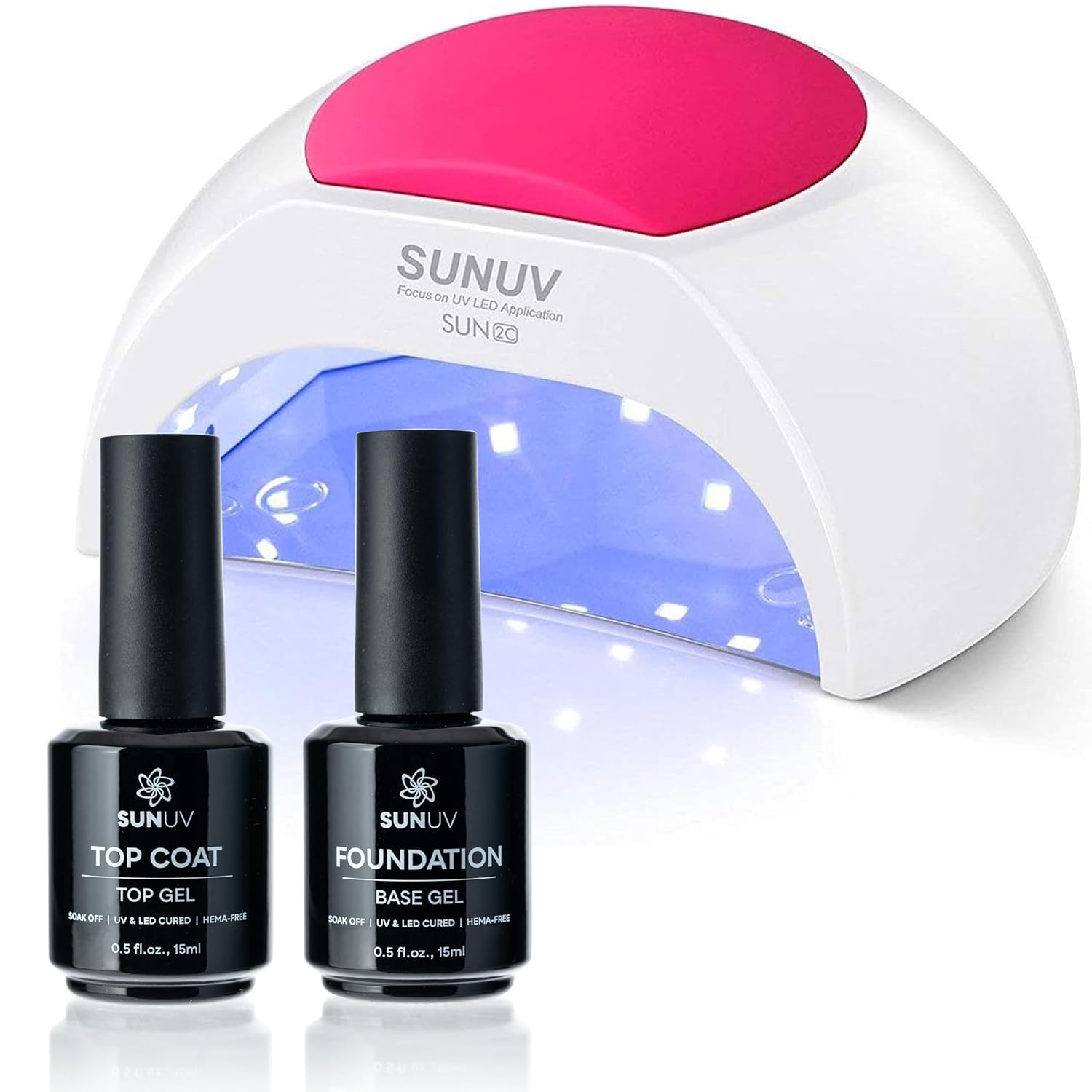 SUNUV 48W UV Light for Nails, 15ml Top and Base Coat Gel Polish Set Home and Salon Use SUN2C Pink