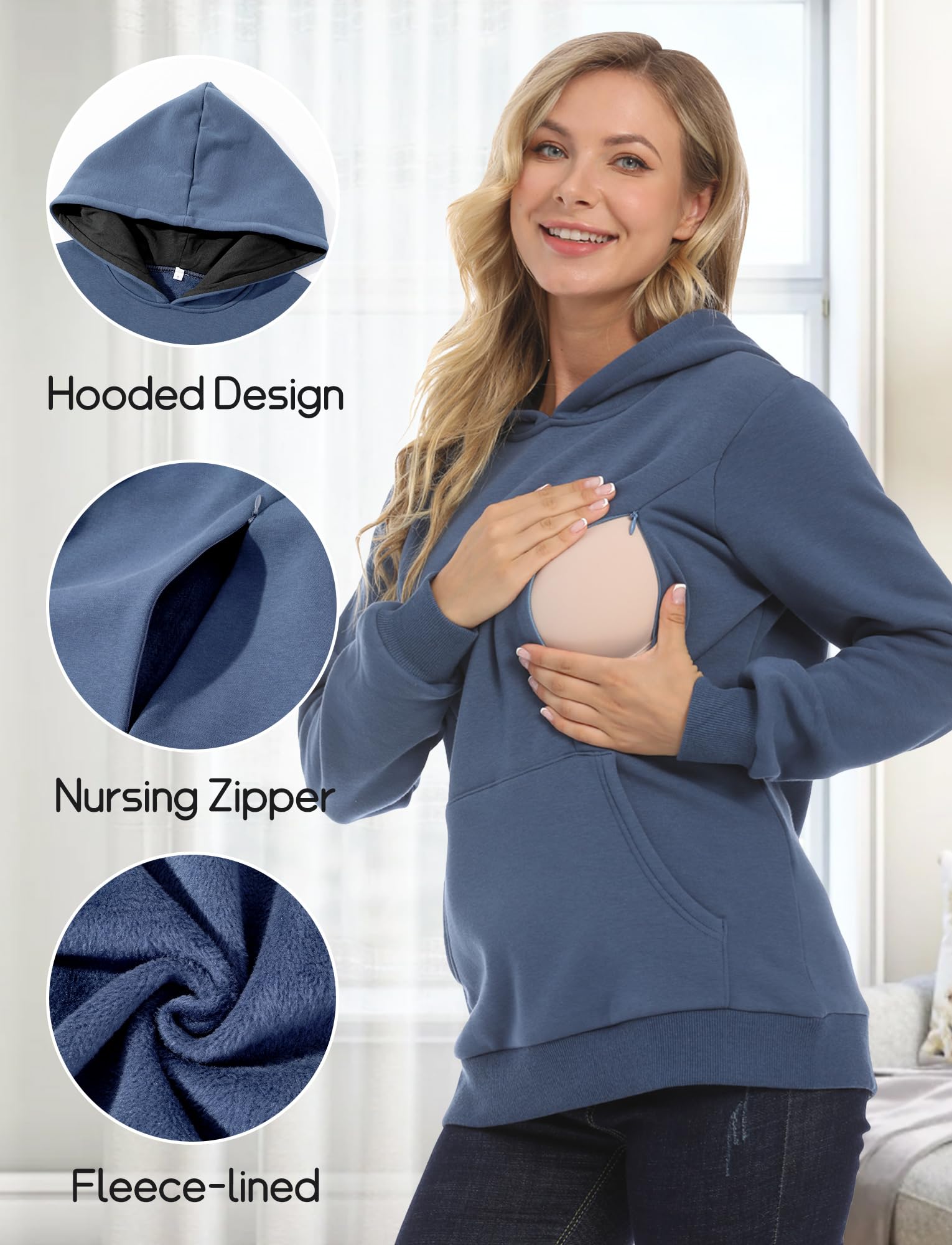 FEOYA Sudadera con capucha para embarazadas, manga larga, camiseta de lactancia, cómoda cremallera, algodón, camiseta de lactancia, manga larga, tallas XS-XXL