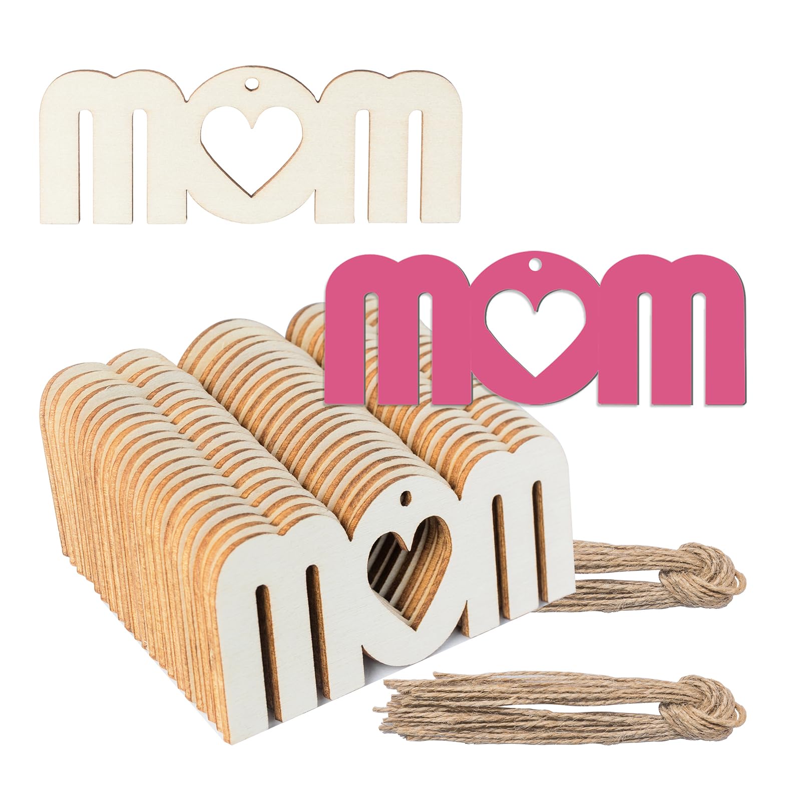 Herz-Holzscheiben, DIY-Holzornamente, unlackiert, vorgebohrte Holzherz-Verzierungen mit natürlicher Bindfäden für Muttertag, Erntedankfest, Dekoration, 20 Stück