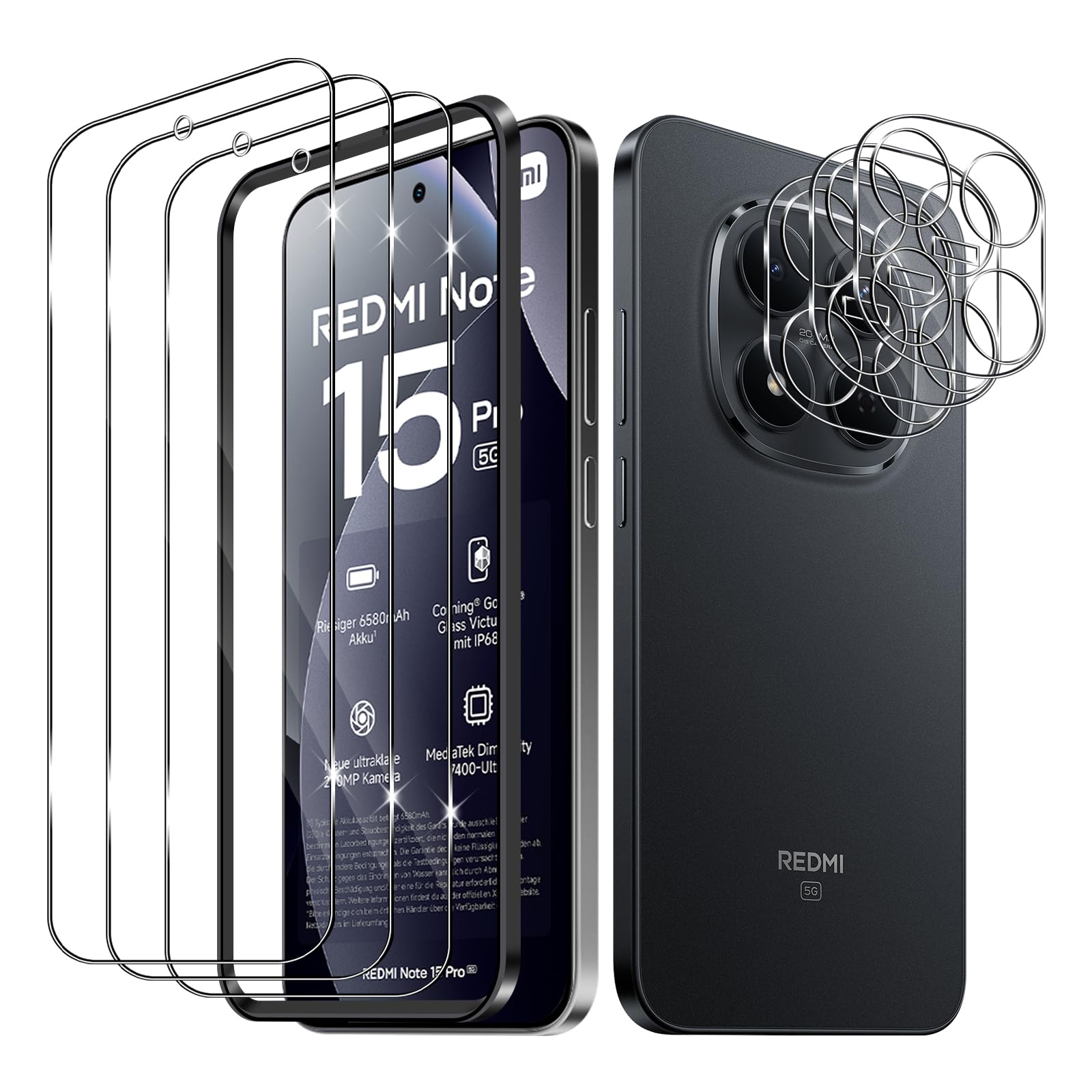Szkło hartowane dla Xiaomi Redmi Note 15 Pro 5G 6,83" (Bez 4G), 3 sztuki ochrony ekranu i 3 sztuki ochrony tylnego aparatu Mi, 2.5D Szkło ochronne, przeciw zarysowaniom, twardość 9H Glass HD