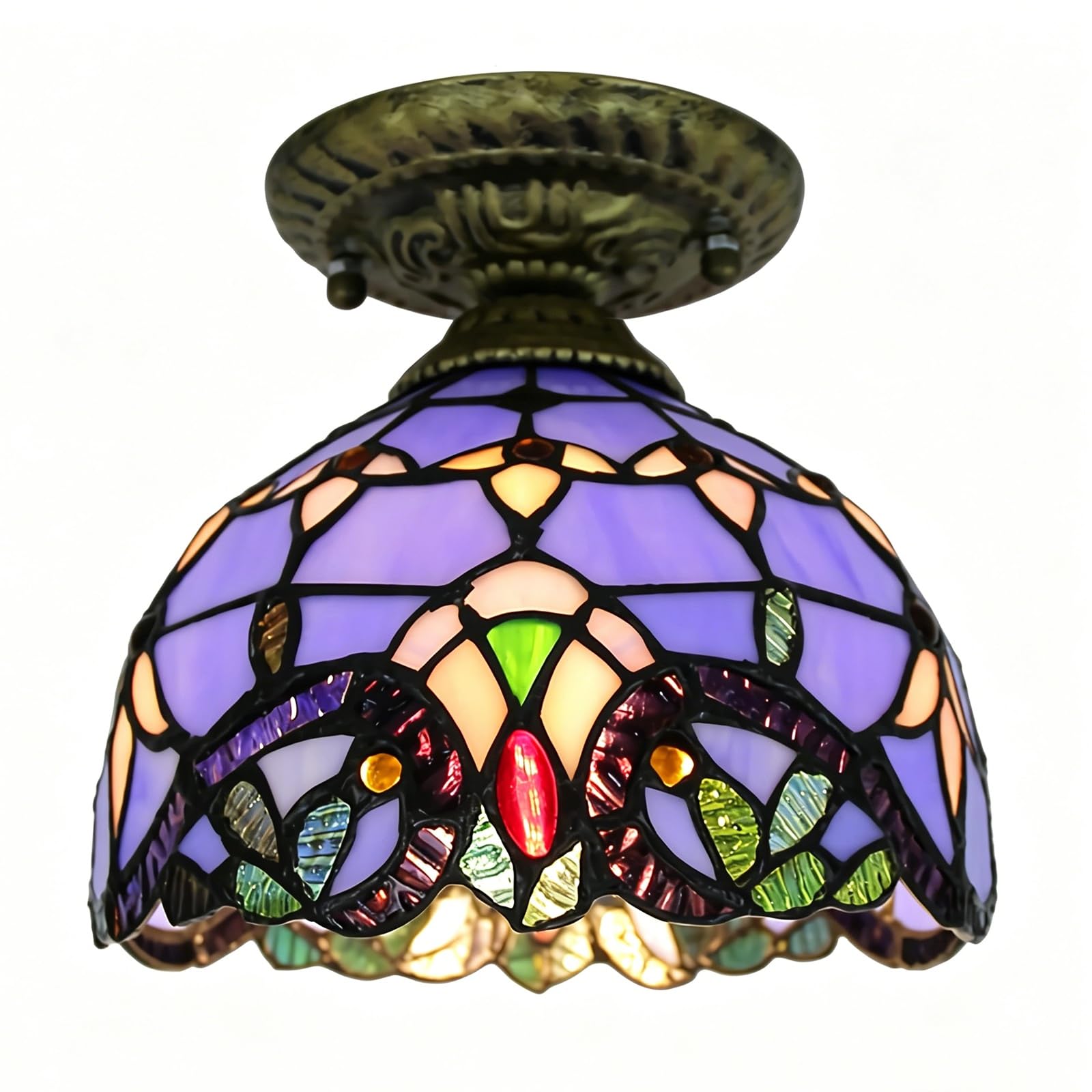 WDBZTJ Tiffany Style Mini Ceiling Light Flush Mount, 8 inch Stained Glass Hallway Ceiling Lamp, E27 Bulb, Vintage LED Chandeliers for Living Room Bedroom(F4)