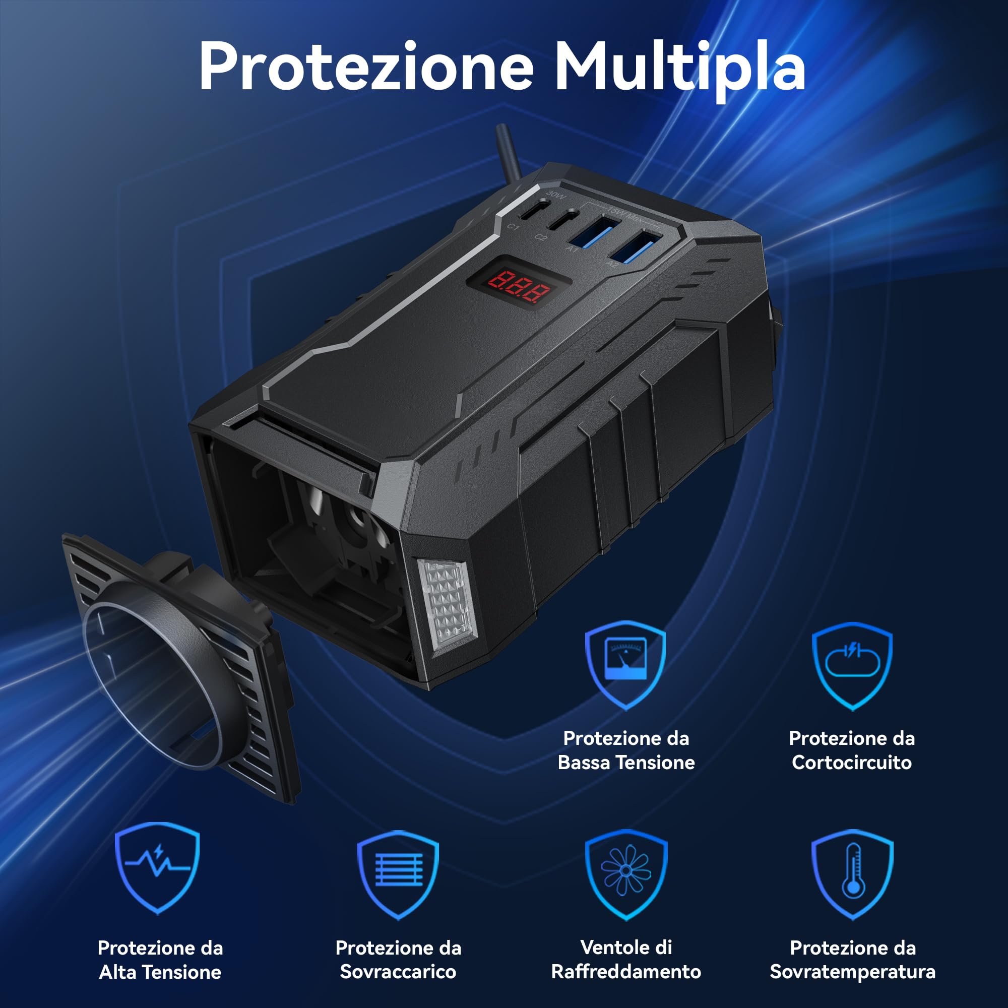 BESTEK Inverter Auto Onda Pura 400W, Trasformatore Inverter 12V a 220V, 2 USB, Multi Protezioni e Soft Start, Ideale per Auto/Camper, Alimentazione da Accendisigari