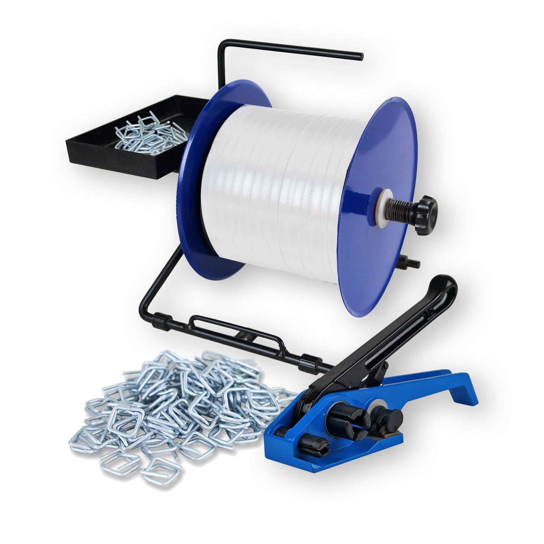 Umreifungsband Set | 9mm Umreifungsband Hotmelt | 500x Drahtverschlussklemmen | 1 Umreifungsgerät | 1 Abroller | Für Ladungssicherung und Palettierung schwerer Güter mit Spanngerät | im Umreifungsset