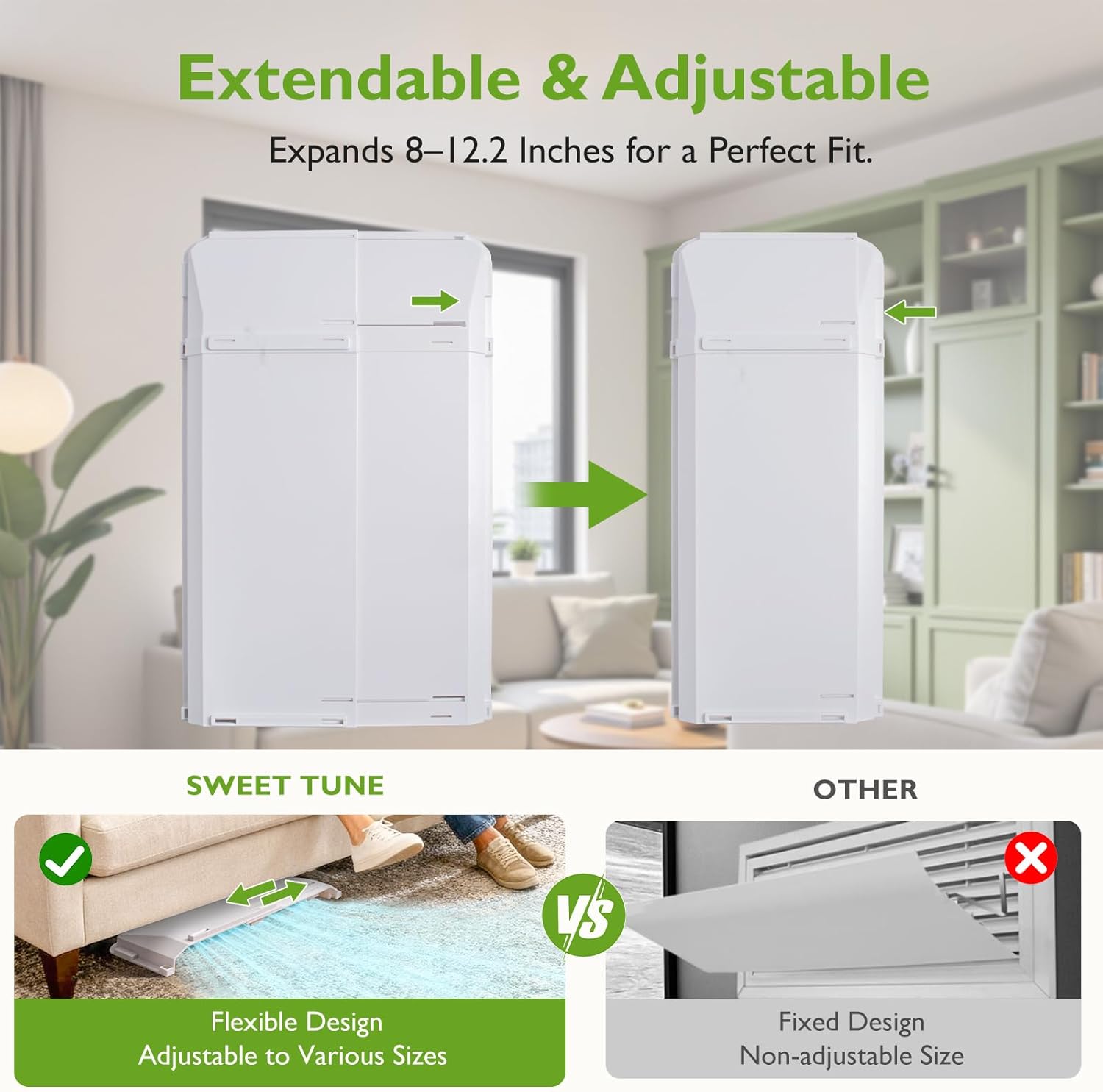 Air Vent Extender for Under Furniture, Floor Vent Deflector for Under Couch or Bed, Adjustable Width 8"-12.2", Two Length Options (4.8" & 18.7"), Magnetic Wall & AC Vent Extender - Image 4