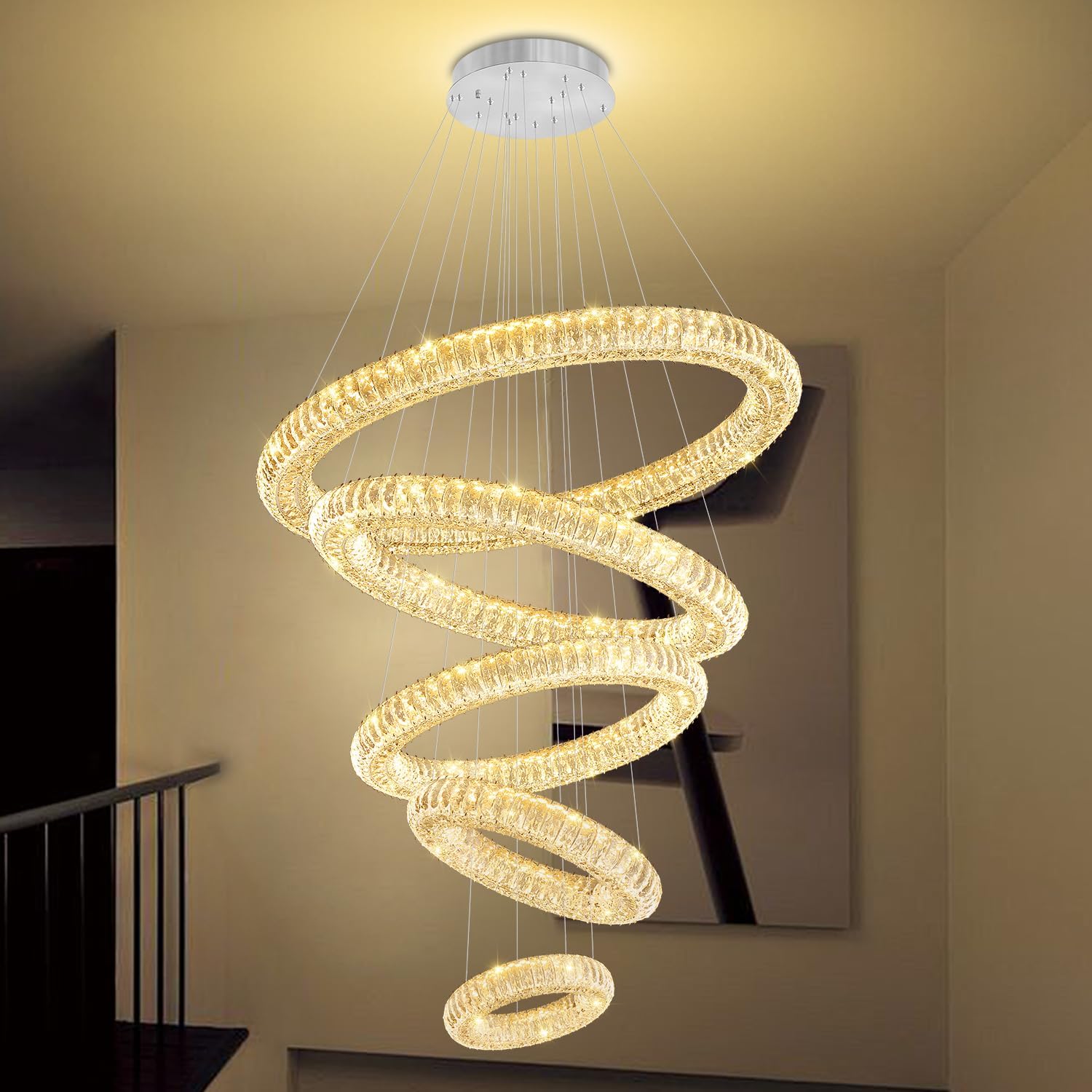 Large Ring Chandelier for High Ceiling Staircase Modern Luxury Crystal Chandelier Lighting LED 5 Ring Chandeliers,Silver D8''+15.7"+23.6"+31.5"+39.4"