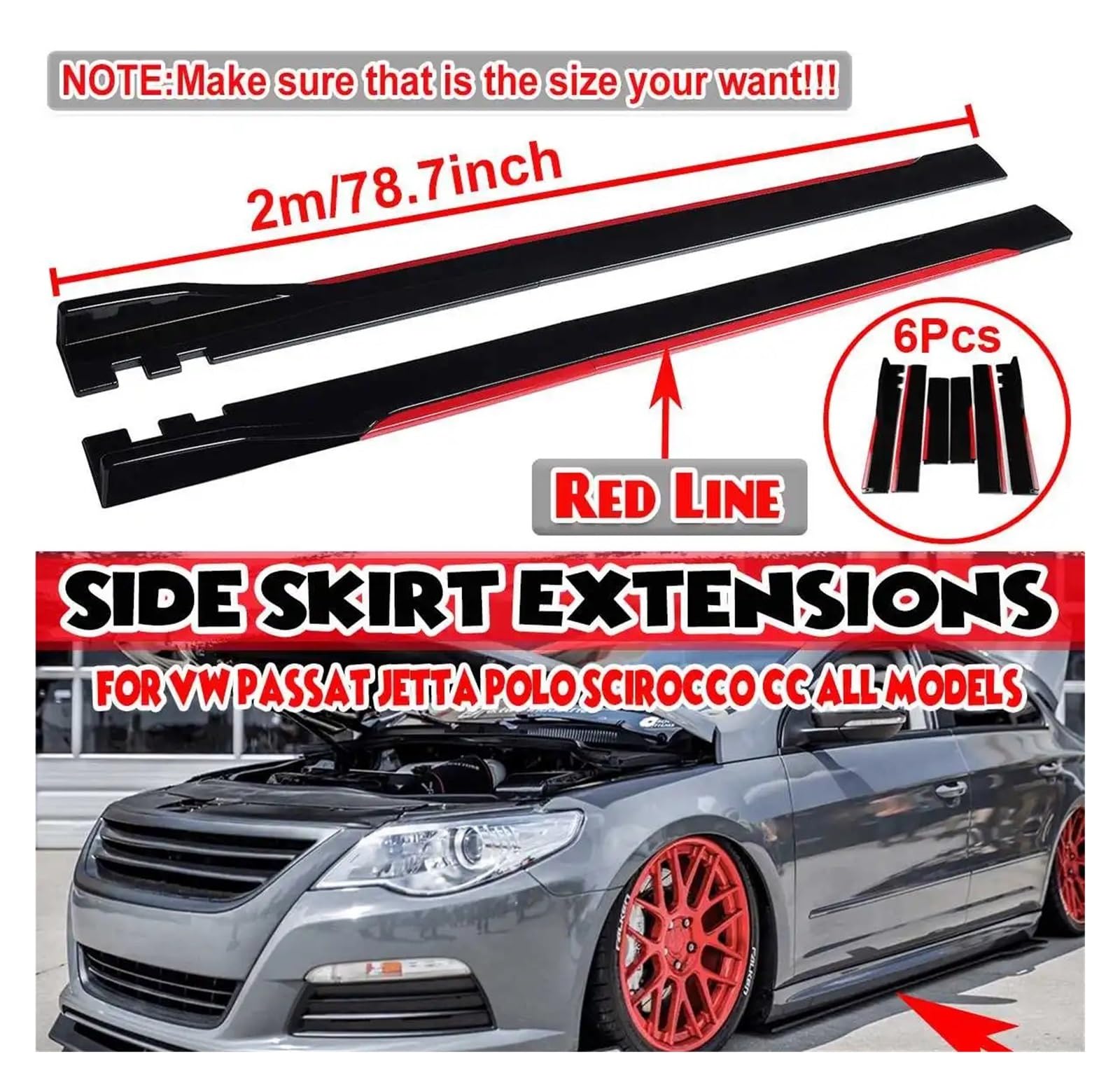 Spódnica boczna samochodowa kompatybilna z VW Polo/GOLF MK5 MK6 MK7 MK7.5 kompatybilna z Jetta/Passat, 2m rozszerzenie rozdzielacza skrzydełka bocznego zderzaka(Red)