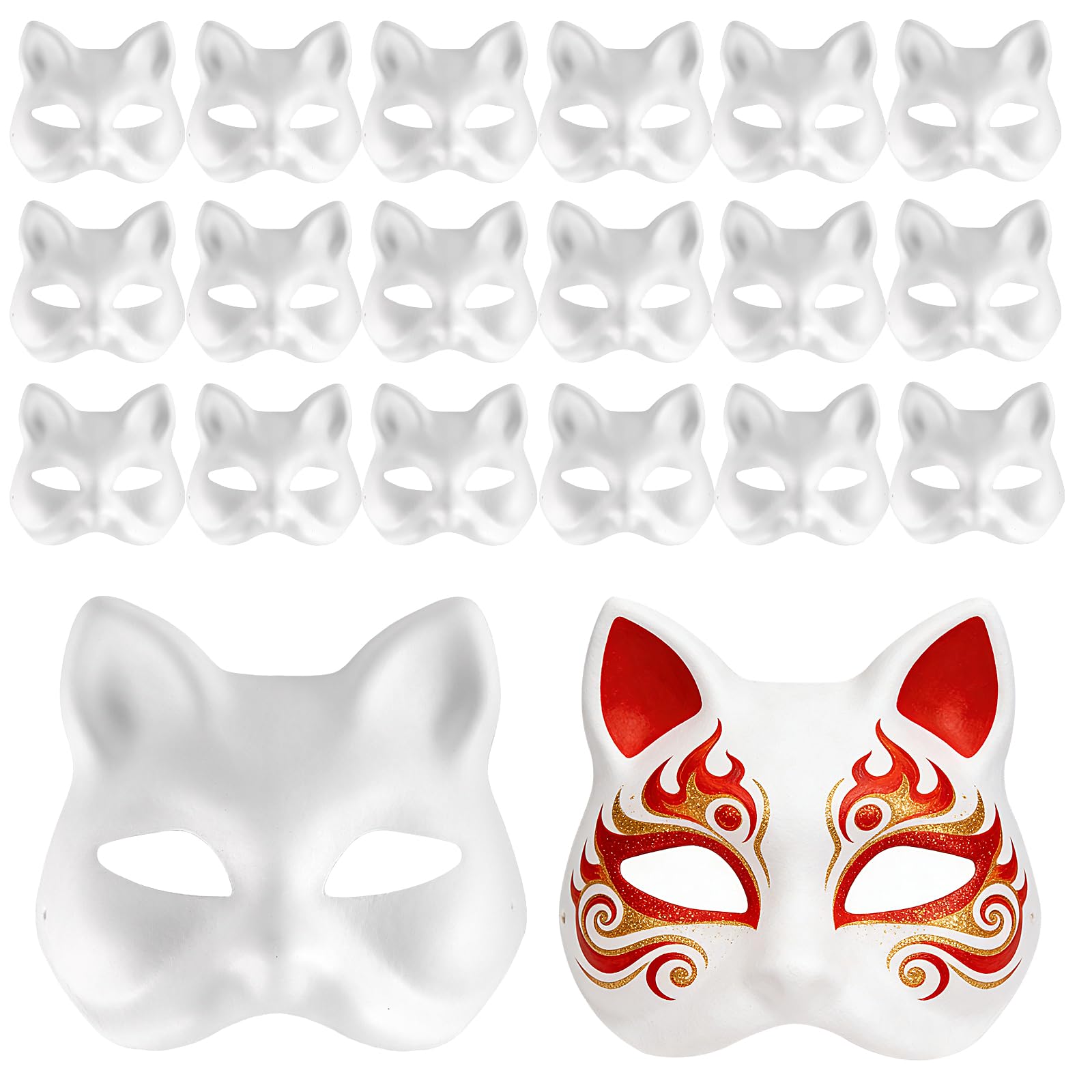 CHEUNGR 20 Pcs Cat Masks, White Paper Fox Anime Mask Blank Half Face Cat Masks for DIY Painted, Carnival, Cosplay, Halloween, Masquerade