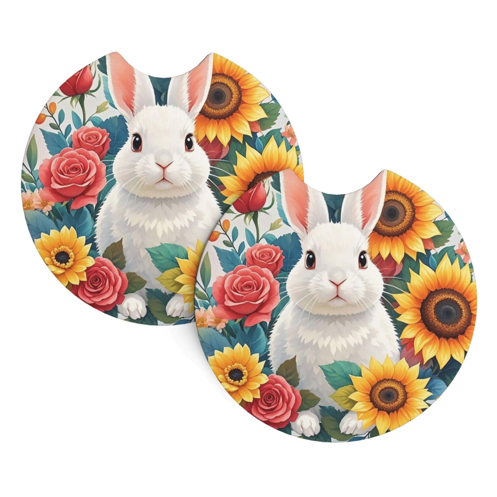 2 Pack Car Coaster for Cup Holders Watercolor Rabbit and Flowers Car Cup Coaster 2.7" Neoprene Non-Slip Automotive Cup Mat Universal Auto Car Interior Accessories for Women Men Cup Pad