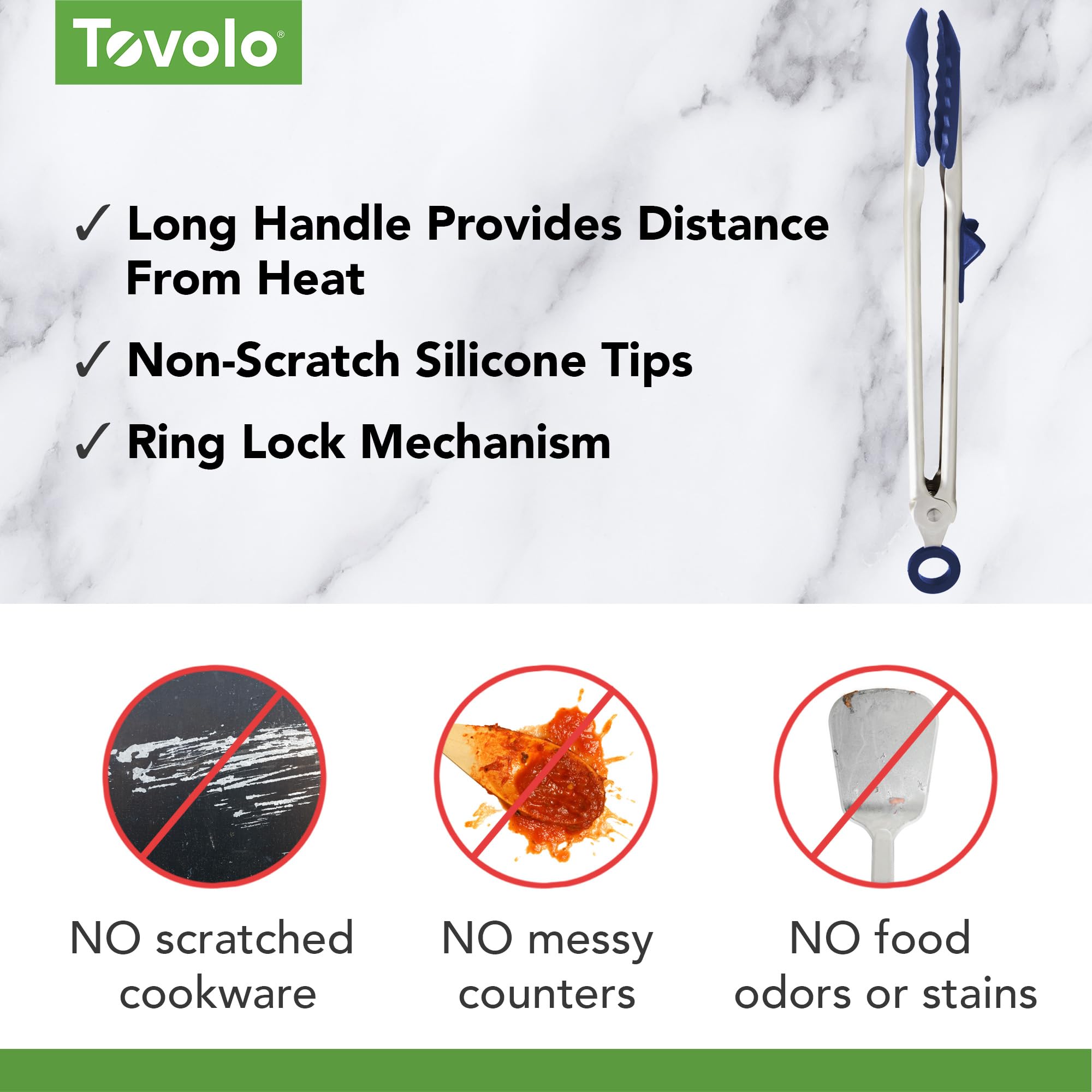Tovolo Pinzas de cocina de fácil agarre para cocinar con puntas de silicona, mecanismo de bloqueo fácil, utensilios de cocina con pie de descanso, puntas de silicona resistentes al calor y sin BPA