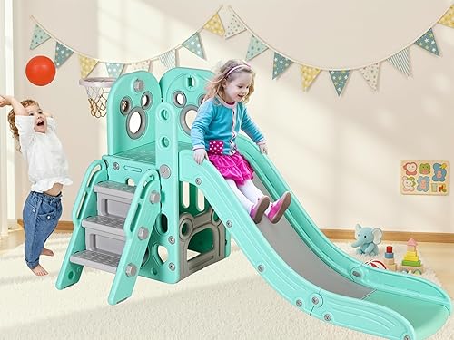 Arlopu Tobogán para niños en forma de L, 5 en 1 para niños pequeños, con pelota y aro, espacio de almacenamiento y pasos antideslizantes, juego de