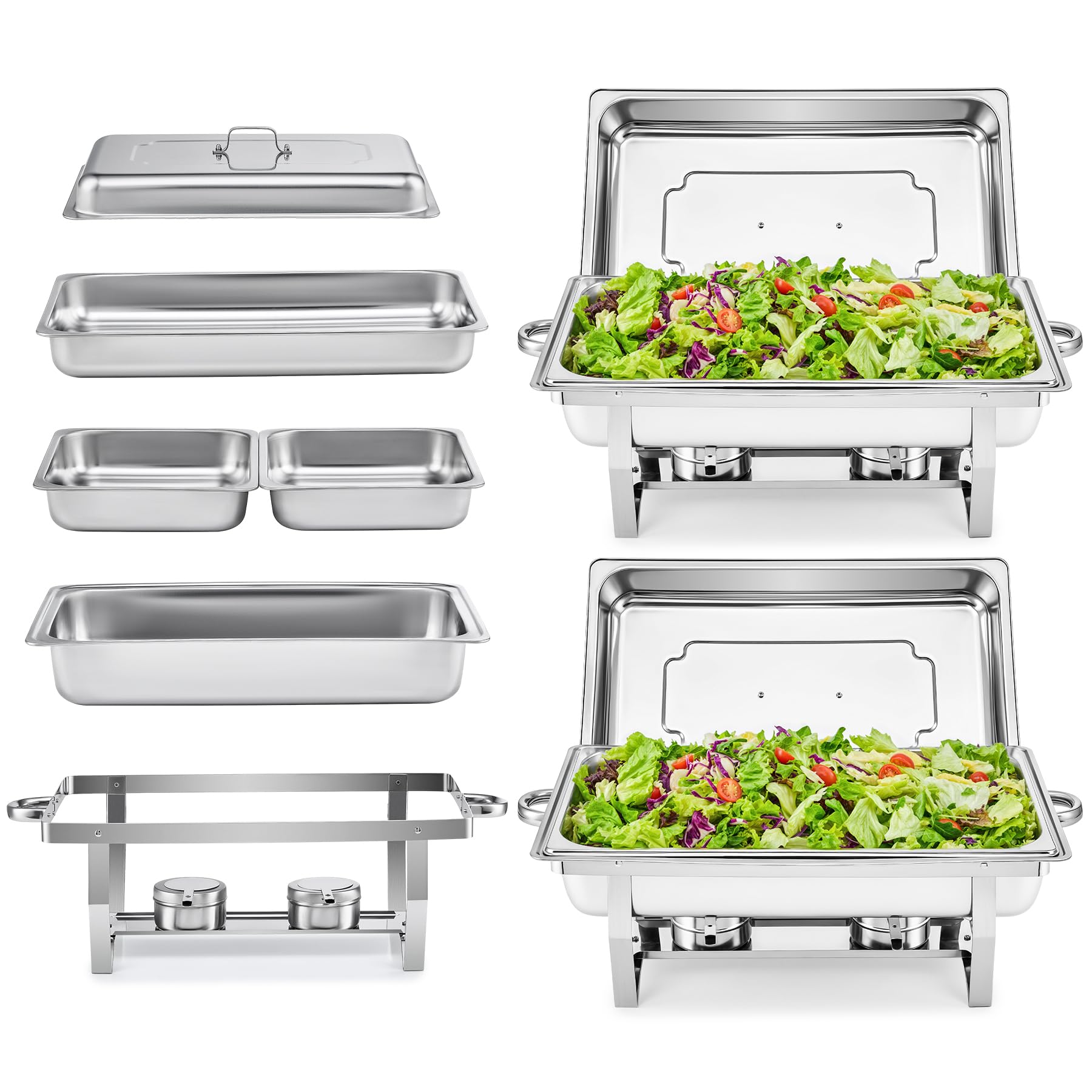 WILPREP Lot de 2 Chafing Dish Buffet 8,5L, Buffet Chauffant Chauffe Plat en Acier INOX Alimentaire avec Cadre Pliable (2×GN1/1+4×GN1/2)