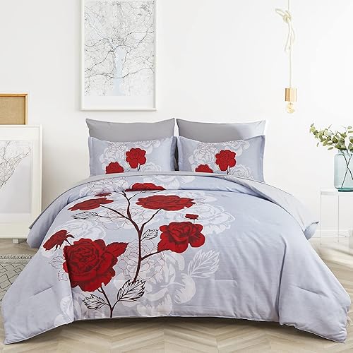 Miniatura 1 de Xruibed Juego de edredón de 7 piezas tamaño King, edredón con estampado de flores rojas, elegante y suave en una bolsa para todas las estaciones (1