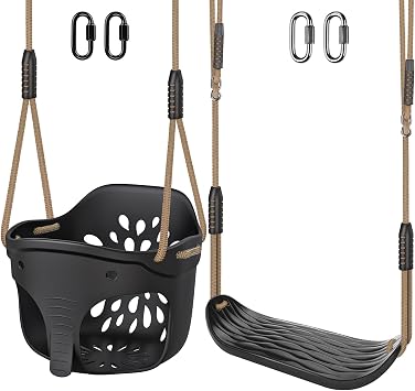 SELEWARE Black High Back Full Bucket Toddler Swing and Kids Swing Seat | Heavy-Duty Toddler Swing Set Accessories with Adjustable Ropes & Carabiners for Indoor/Outdoor, Backyard, Playground, Tree