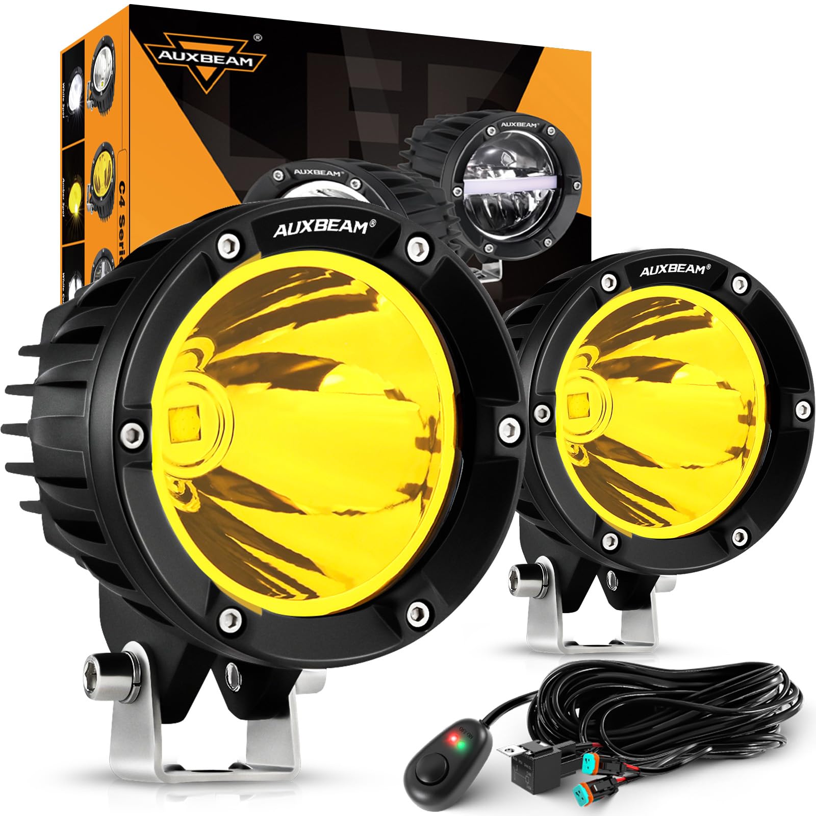 Auxbeam C4 Series 4 Inch 72W Amber Round LED Pods Spot Beam Automotive Offroad Lighting Yellow Fog Spot Light Bar for Trucks Car Motorcycle SUV ATV UTV Jeep Wrangler, Pair