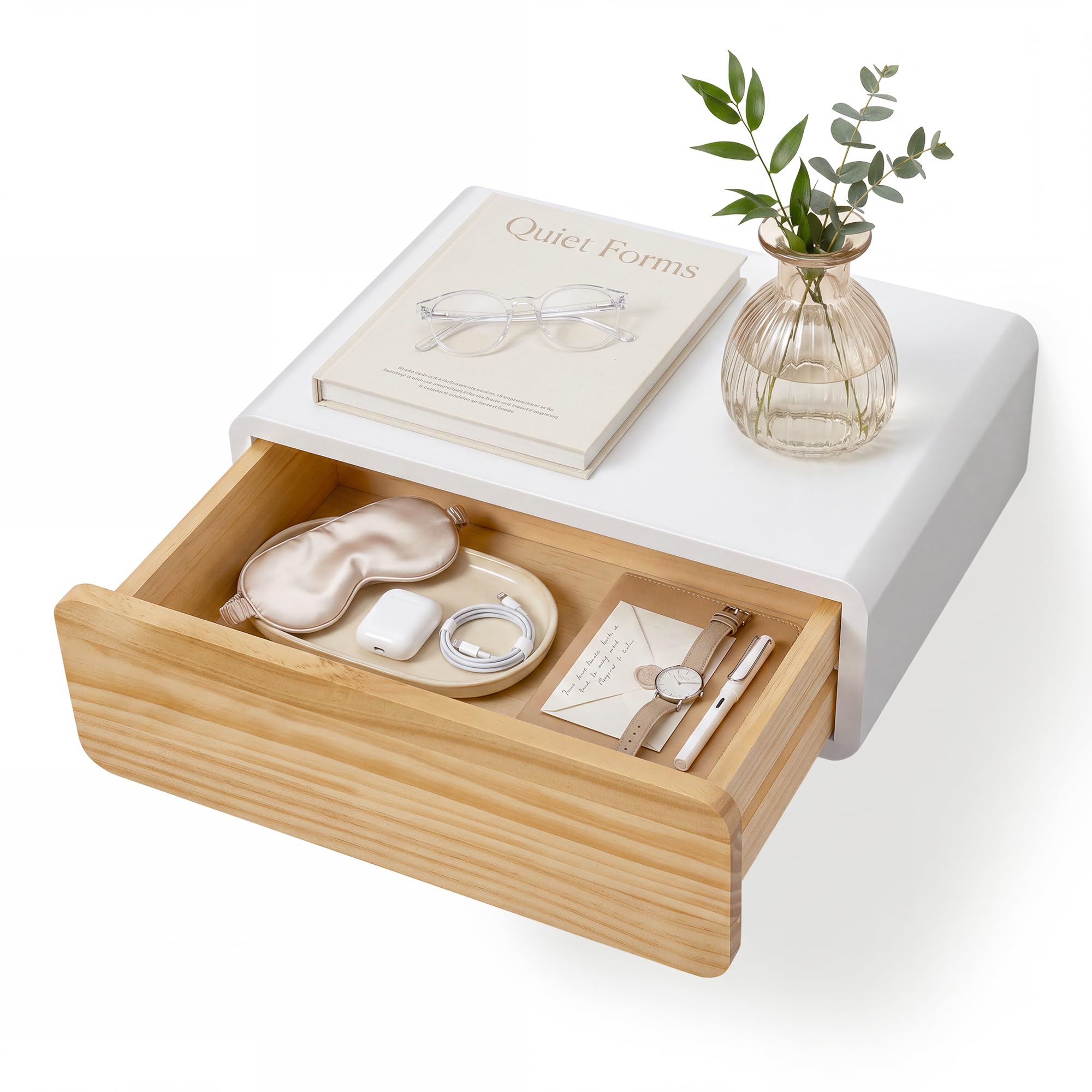 SUMGAR Mesita de Noche Flotante Blanca con Cajón Mesa de Noche Dormitorio | Premontada, Mesilla de Pared de Madera, tirador oculto, esquinas redondeadas, 28,5 x 40 x 13cm, hasta 8kg, espacios pequeños