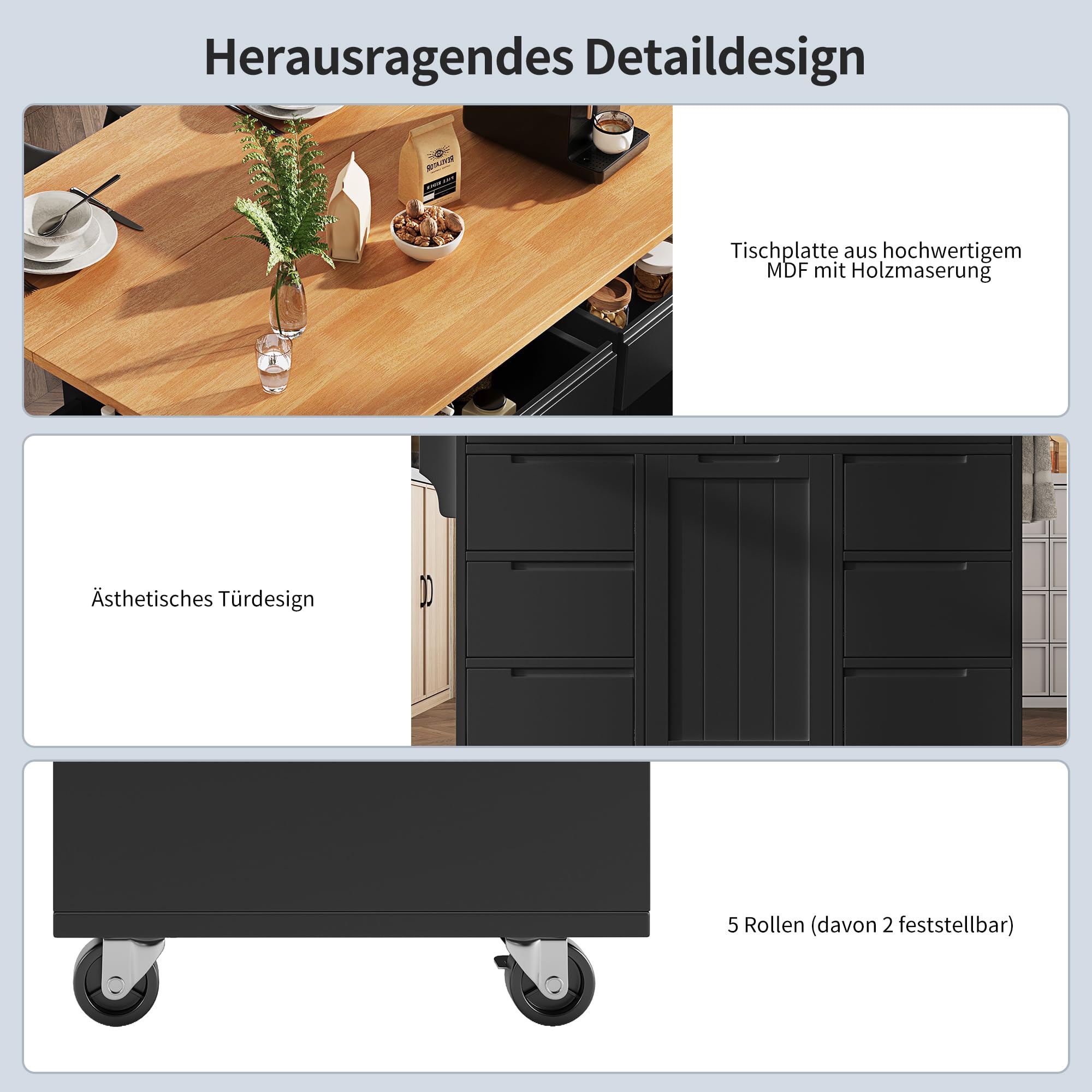 Isola da Cucina, Moderno Armadio da Cucina, Carrello da Cucina Estensibile con Ruote e Piano di Lavoro, Carrello da Servizio con Portaspezie e 8 Cassetti
