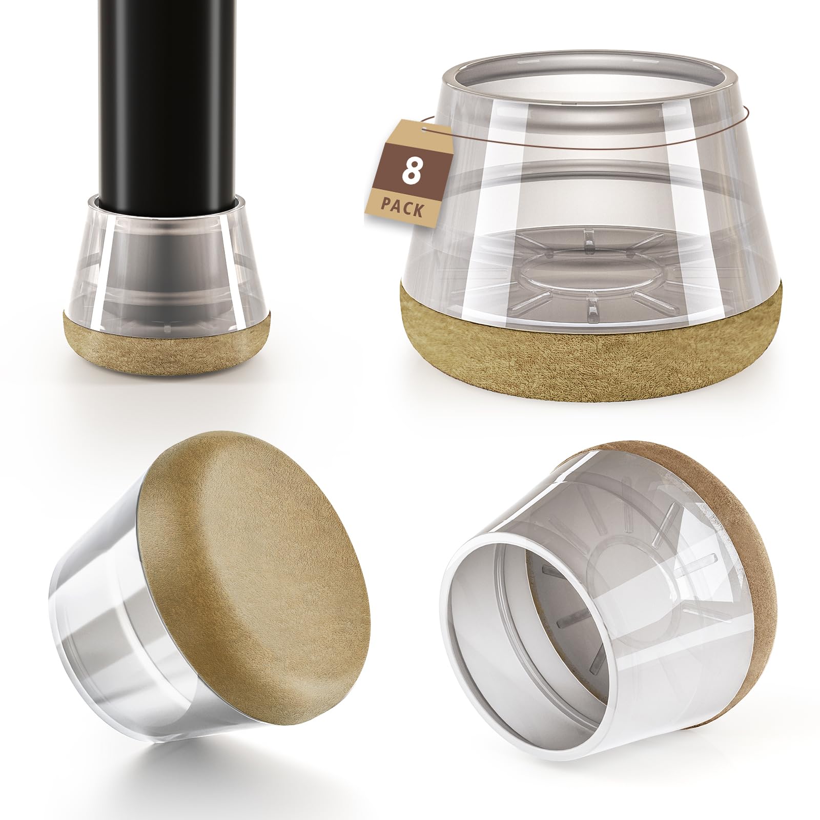 8 Pcs Chair Leg Cover with Felt, Hardwood Floors Protectors, Thicken Clear Silicone Chair Leg Cups Covers, for Protects Furniture from Scratches and Noise (Fit: 0.8''–1.2'', Round)