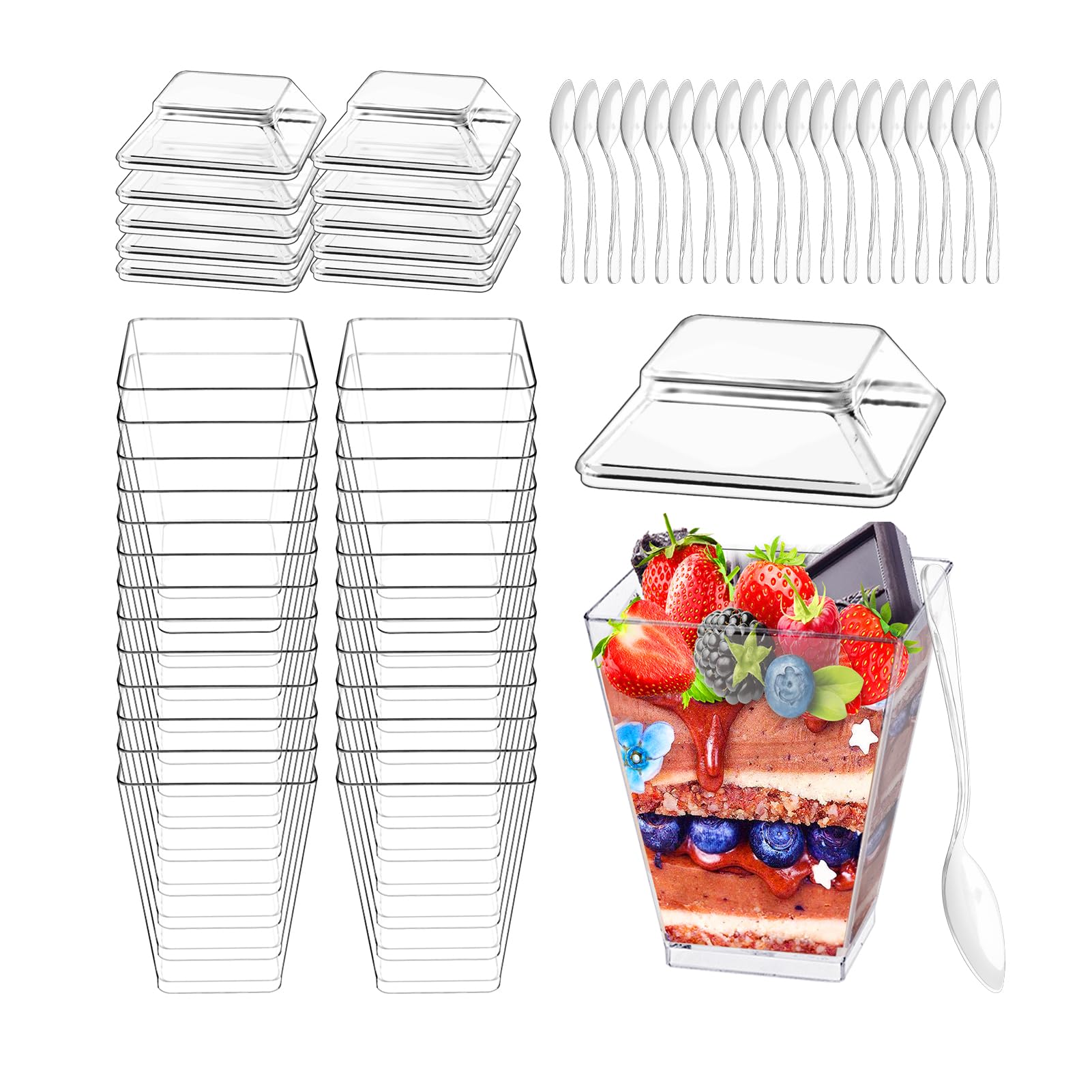 40 tazas de postre, con cucharas y tapa, vasos de postre de plástico de 160 ml, vasos de postre transparentes, reutilizables y cuadradas para el hogar, postres, mousse, helados