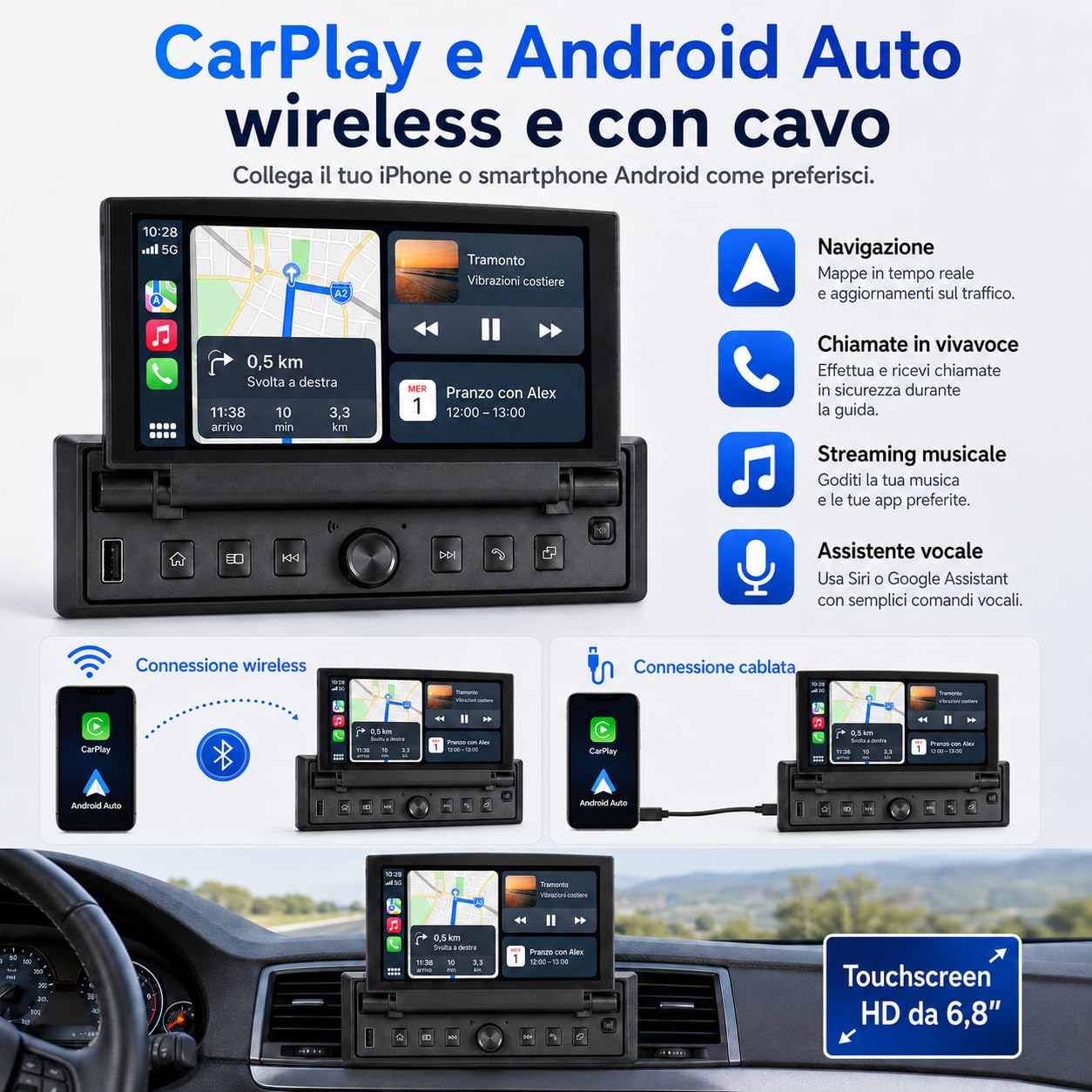 Autoradio 1 DIN con schermo touch retrattile da 6,8 pollici, sistema Linux, CarPlay Android Auto wireless, Bluetooth FM USB AUX, Mirror Link