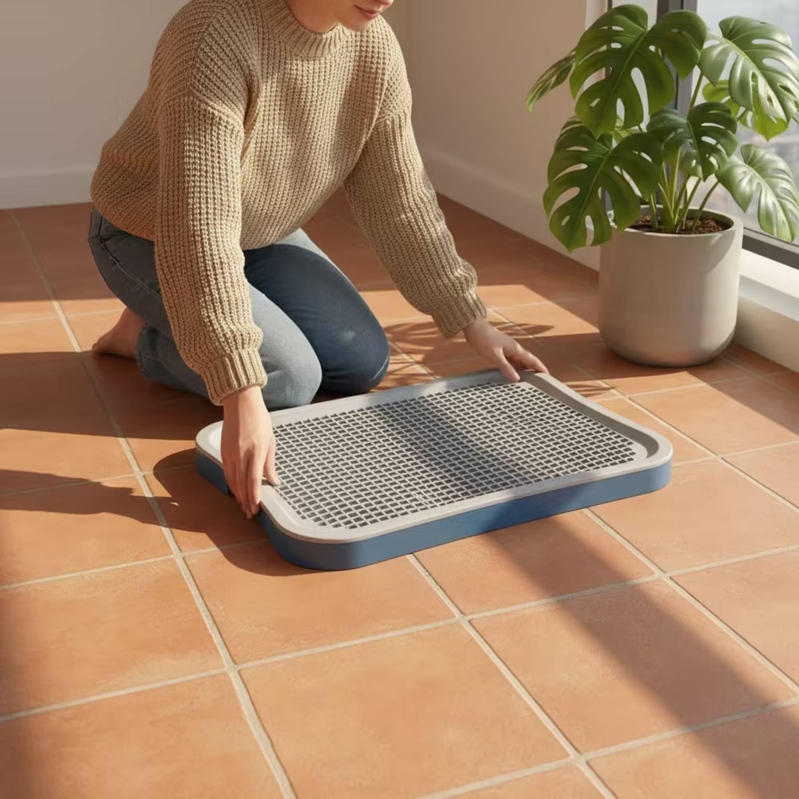 Baoblaze Plateau Toilette pour Chiens Plateau Bac Tapis Grille Surélevée pour Drainage Rapide Base Stable en PP Panneau Arrière Retenant Les Projections Adapté, Bleu, Grand