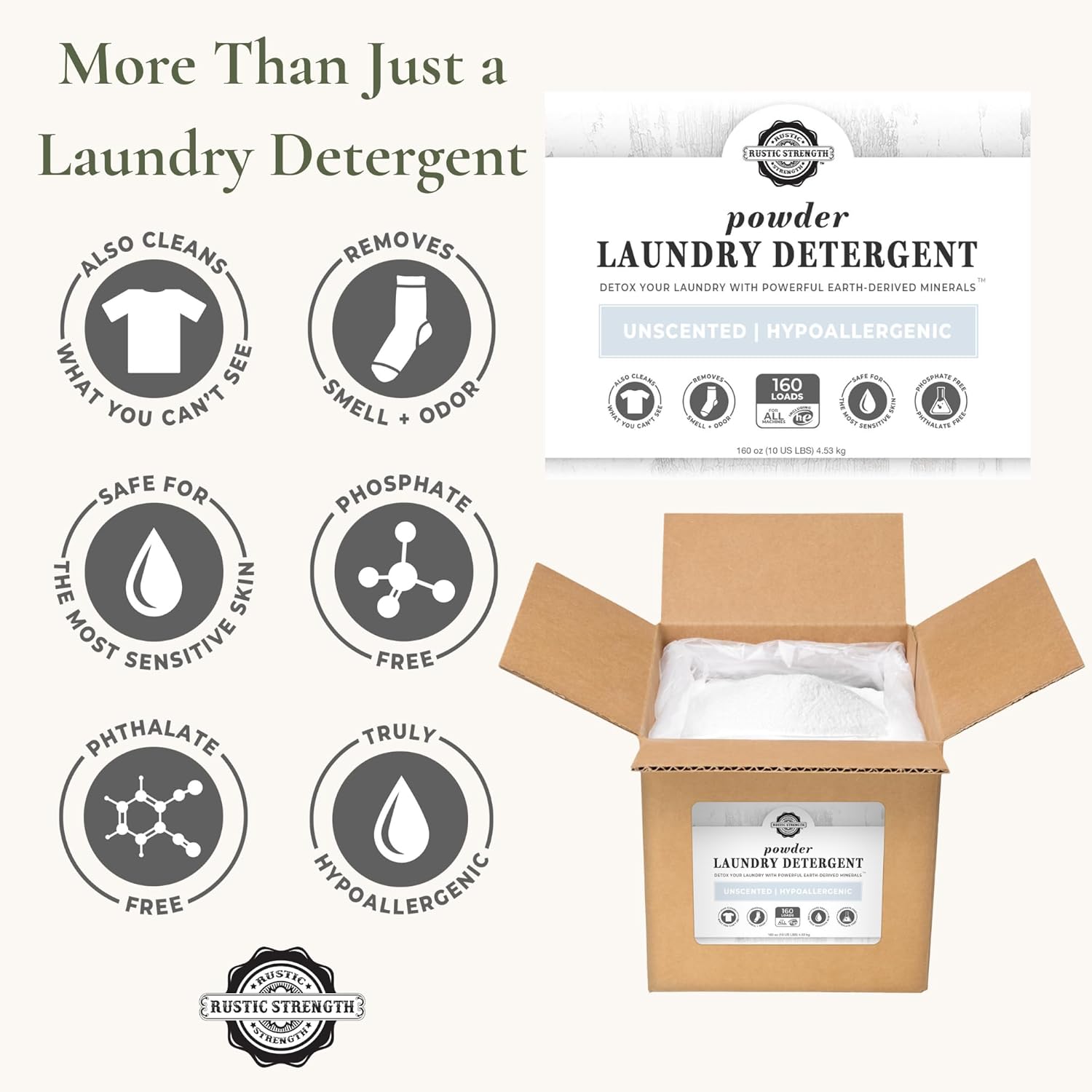 Rustic Strength Natural Powdered Laundry Detergent, Unscented, Color Safe, Sensitive Skin, 10 lb