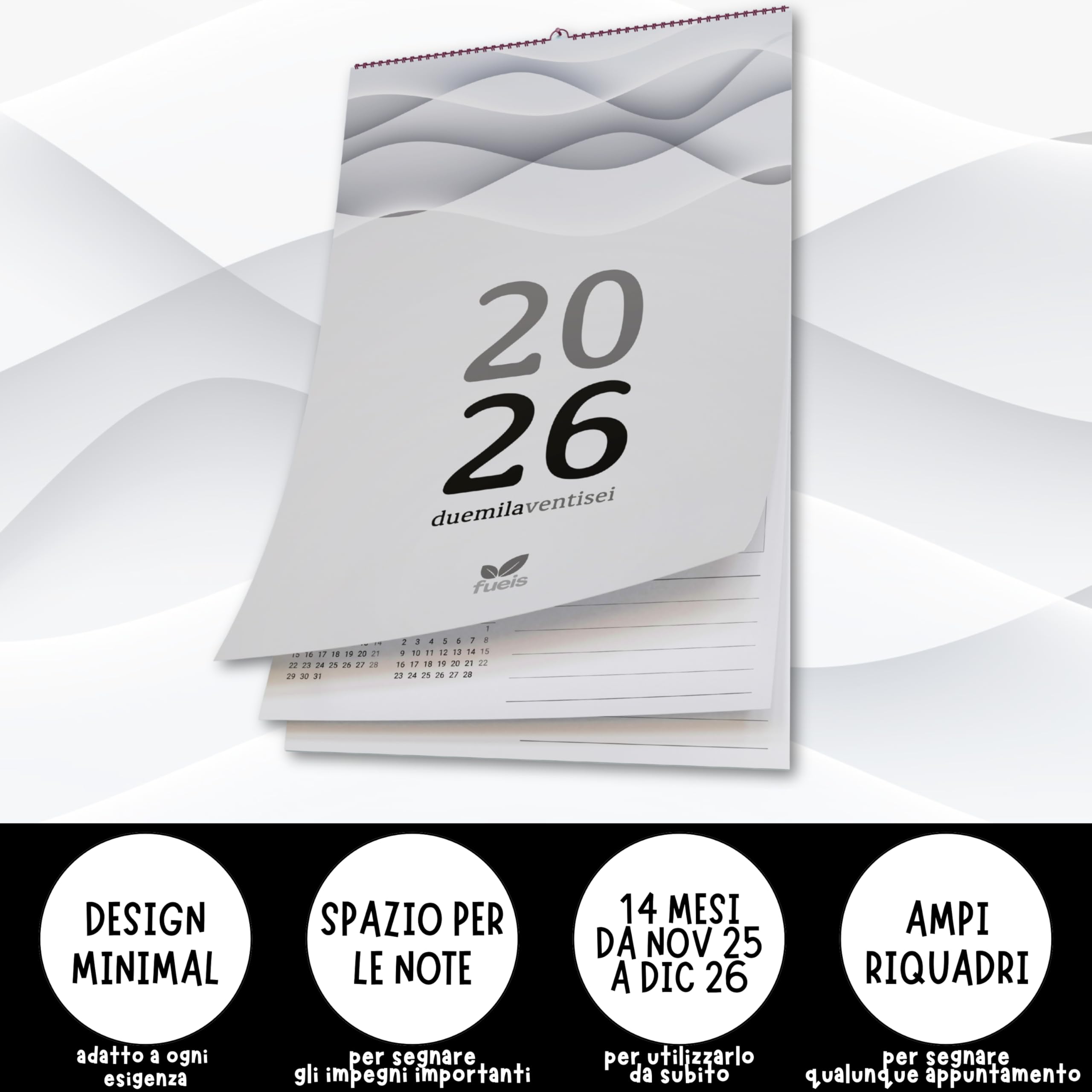 Calendario 2026 da Muro Italiano con 14 Mesi, Novembre 2025 - Dicembre 2026, Calendario da Parete 2026 con Spazi per Scrivere e Design Minimal