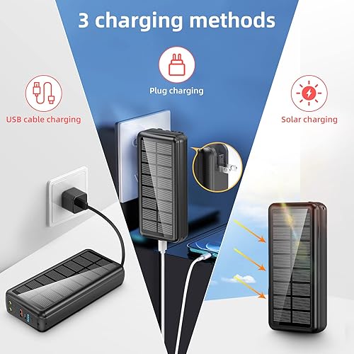 Miniatura 2 de Cargador portátil con cable integrado y enchufe de pared 50000mAh PD30W Banco de energía solar de carga rápida con 5 salidas y 2 entradas, linternas
