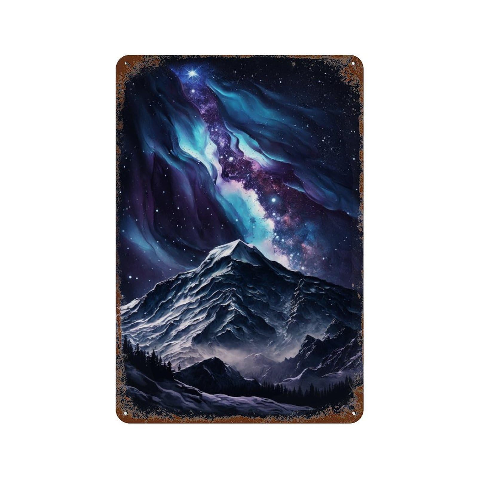 Galactic Mountain Night Sky Decorative Tin Sign 11.8"x7.9", Rustic Home Decor for Cafe, Home Bar And Lounge Decor