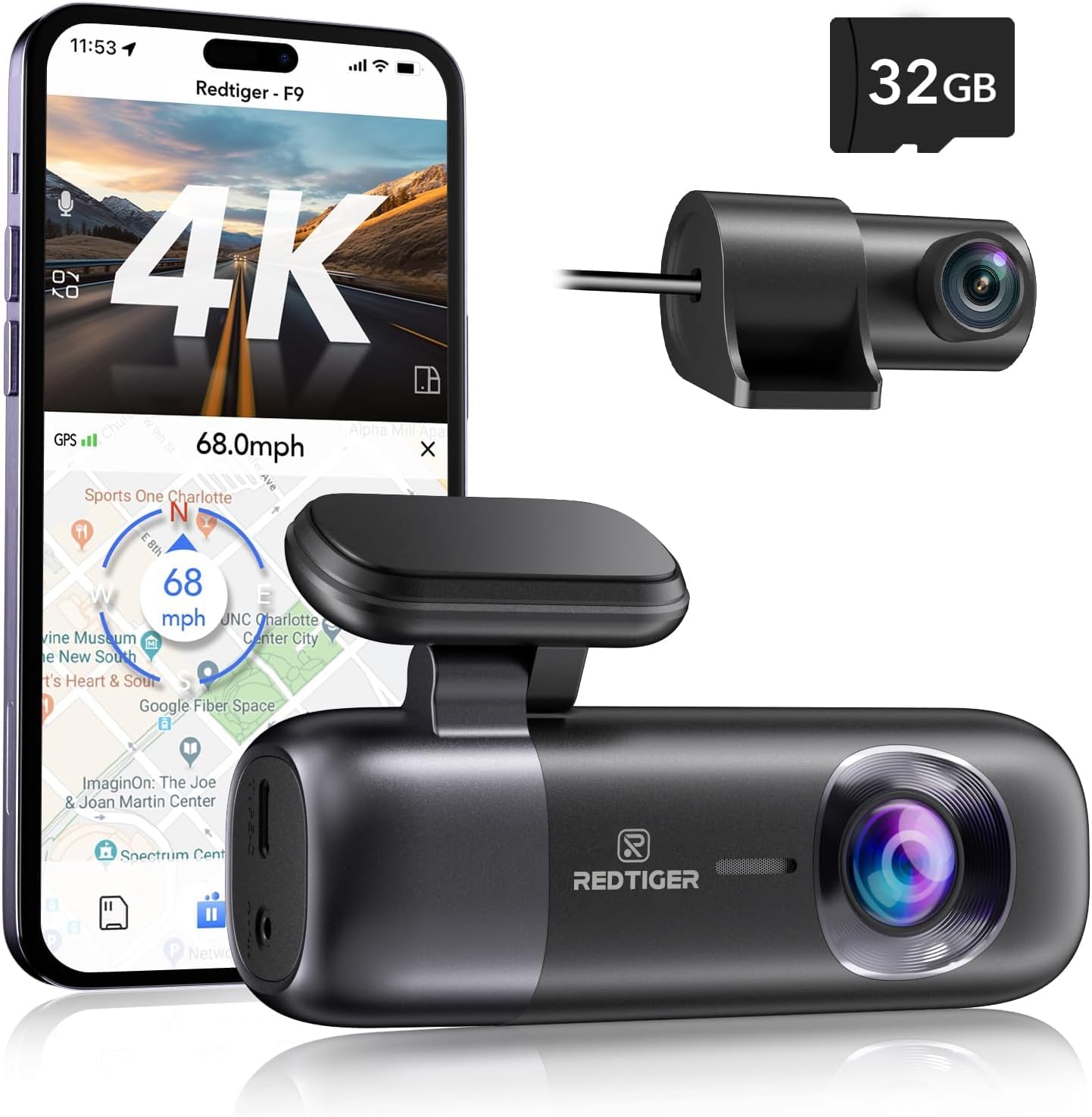 REDTIGER 4K Front and Rear 1080P Dash Cam with WiFi, GPS, 32GB Card - Dual Dash Camera for Cars, Loop Recording, Night Vision, Parking Mode, Smart App Control, Support 256GB Max
