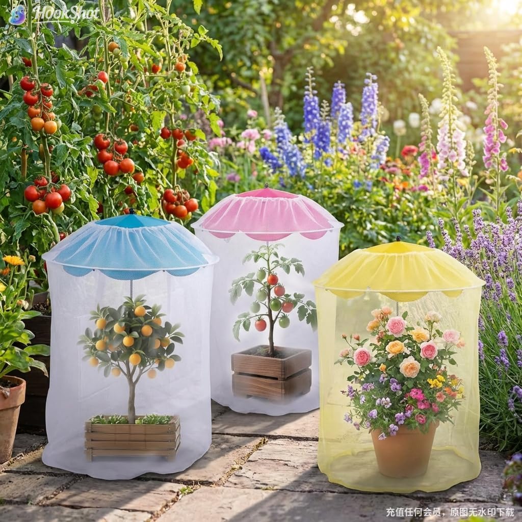 3 Pack 25.9" 2-in-1 Plant Umbrellas with Net Cover, Adjustable Plant Sun Shade with 3.9x2.2 ft Mesh Enclosure,Garden Umbrella, Citrus Trees, and Flowers from Birds and Insects