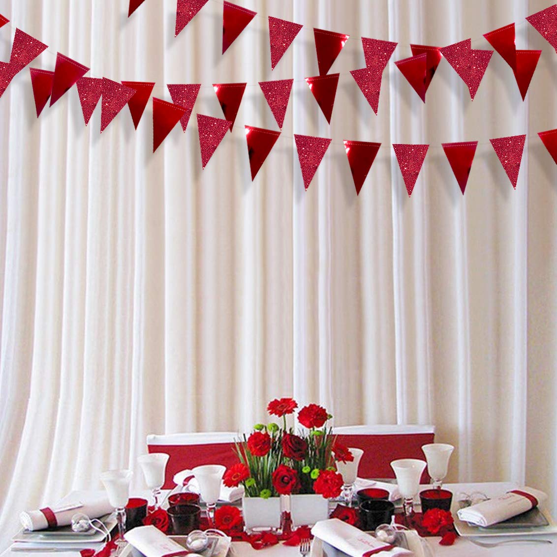 Festiko®12 Flags Red Party Decorations Glitter Metallic Paper Triangle Banner Flag Pennant Bunting for Wedding Engagement Graduation Anniversary Bachelorette Birthday Bridal Shower Party Supplies 1