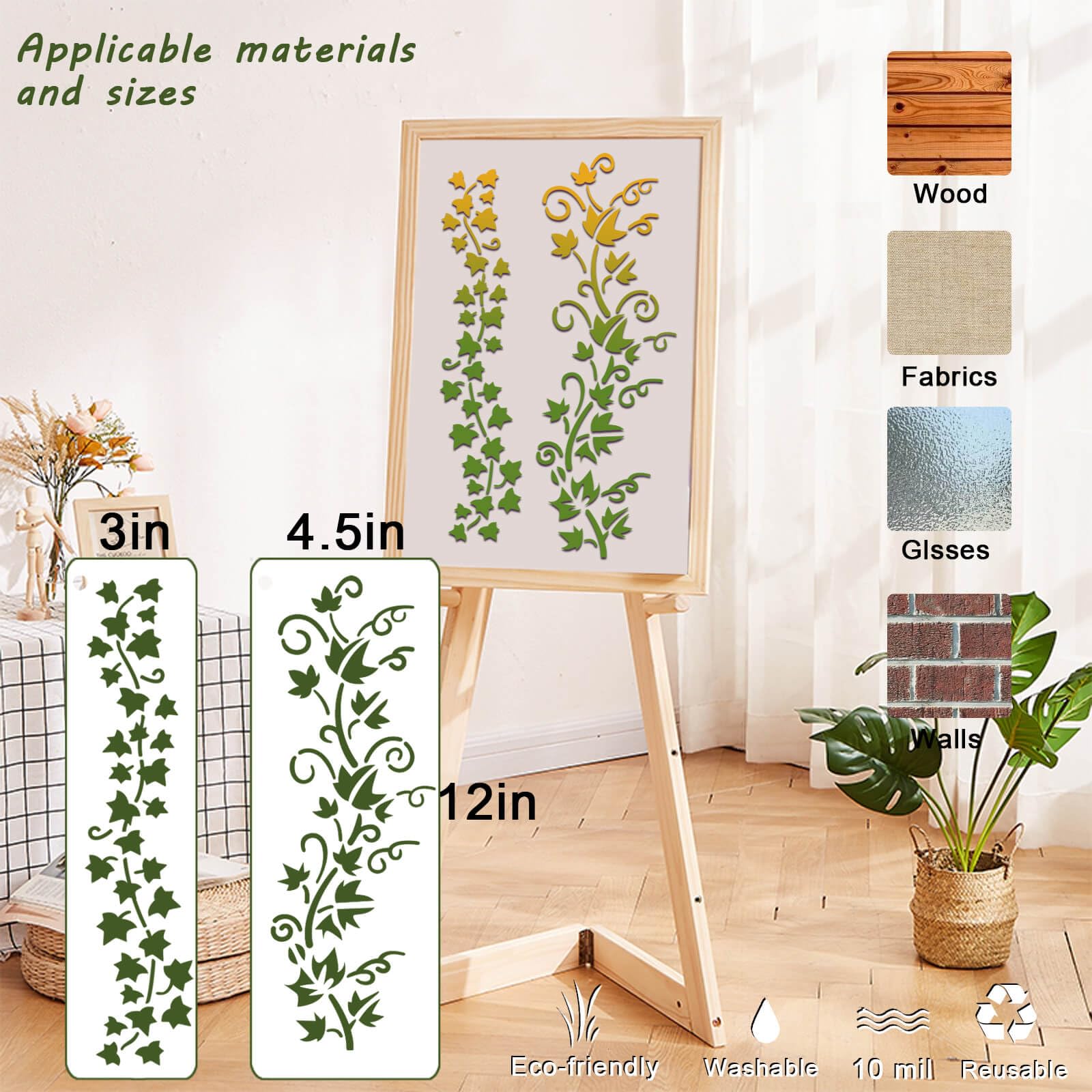 Paquete de 12 plantillas de hojas de vid, plantillas de dibujo para manualidades, plantillas reutilizables para pintar en madera, pared, tela, lienzo, muebles, decoración del hogar (vid)