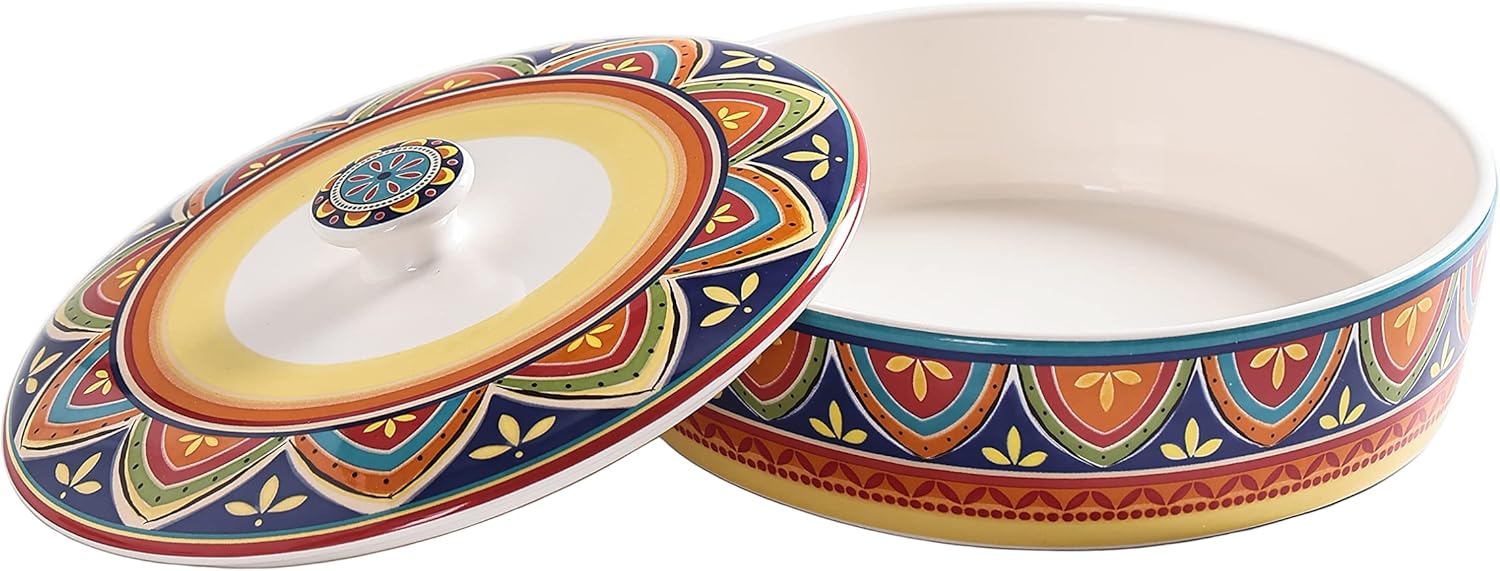 Bico Tunisian Ceramic Tortilla Warmer, 8.9 Inch Tortilla Holder with Lid for Taco Bread Pancake for Mexican Night and Party, Microwave and Dishwasher Safe