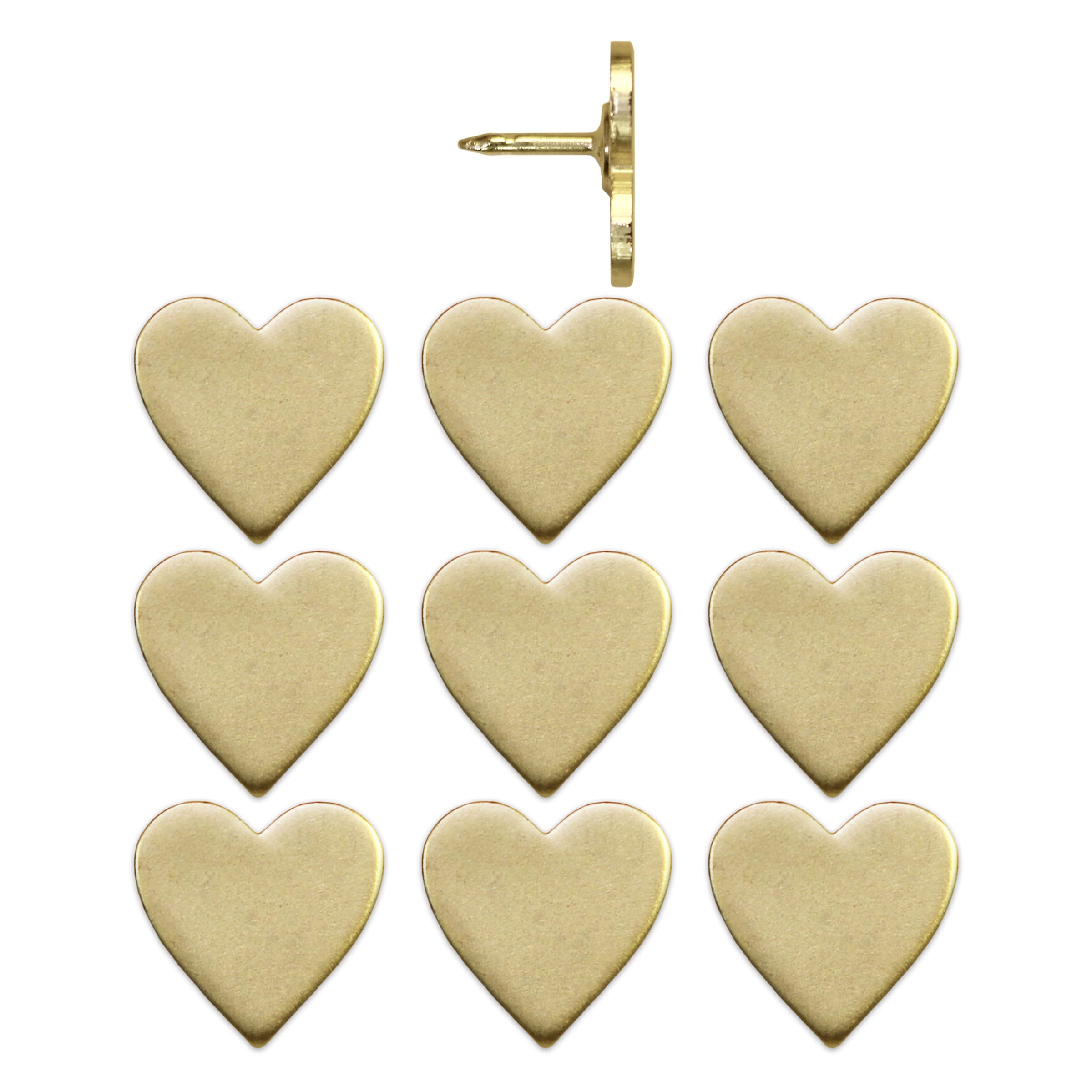 Big Gold Heart Push Pins - Large Gold Metal Heart Map Pins - for Cork Board, Maps, or Lapel Pin Use - Designed in USA - Set of 10