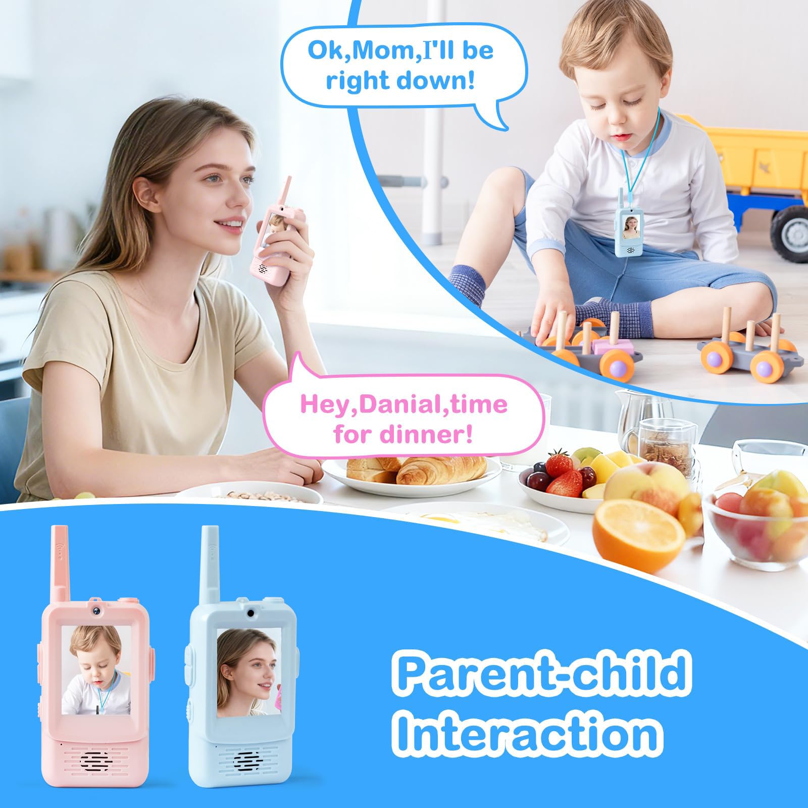 Kangtaixin HD Video Walkie Talkie Kinder, 2er Set Walkie Talkie Kinder Aufladbar, Geschenk Mädchen Junge 3 4 5 6 7 8 Jahre Spielzeug Junge und Mädchen, Walki Talki für Abenteuer im Freien (Blau+Rosa)