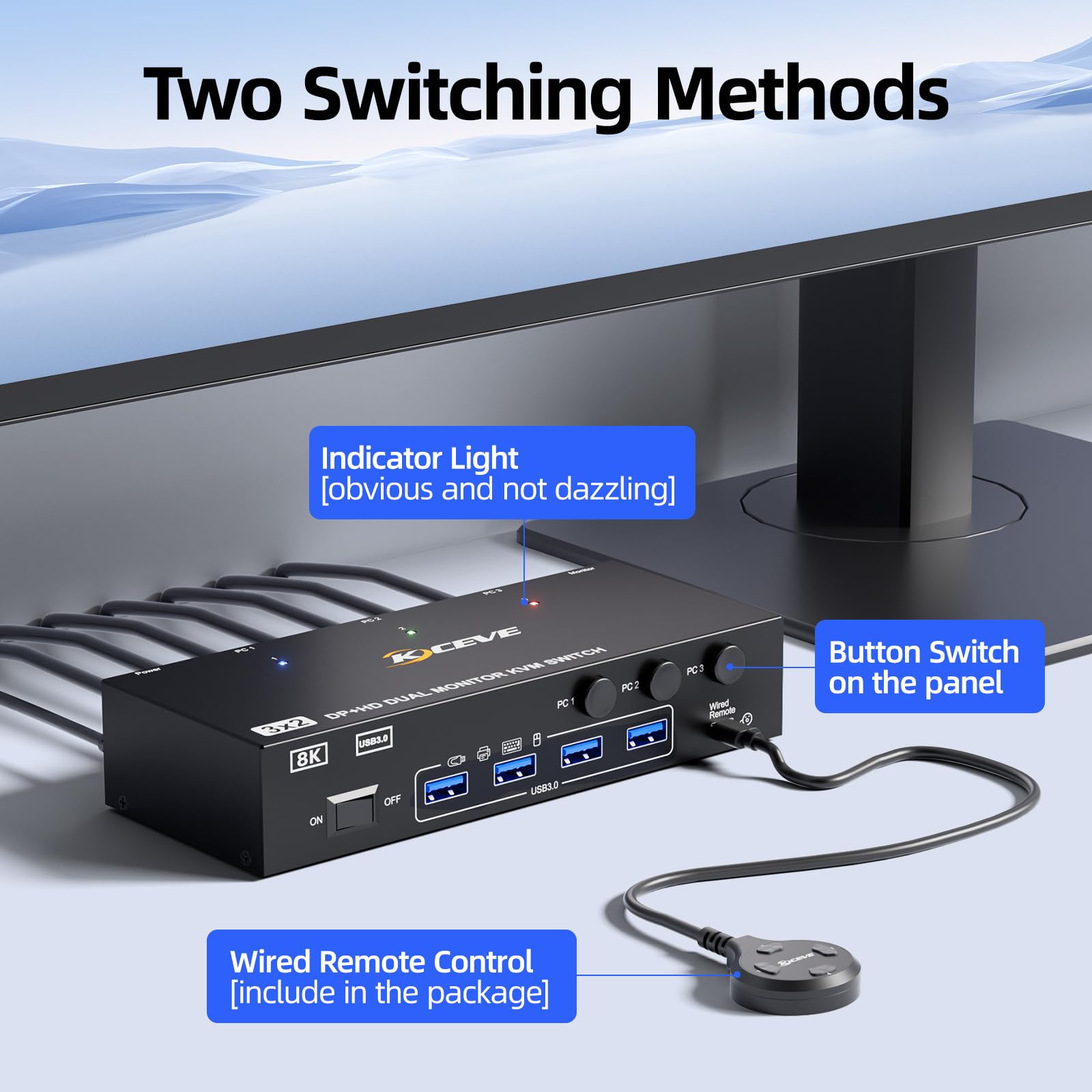 8K@60Hz HDMI Displayport Dual Monitore KVM Switch, ESKEVE KVM Switch 3 PC 2 Monitore Sharing 2 Monitore und 4 USB Geräte, mit Netzteil, Kabelfernbedienung und 3 USB Kabel