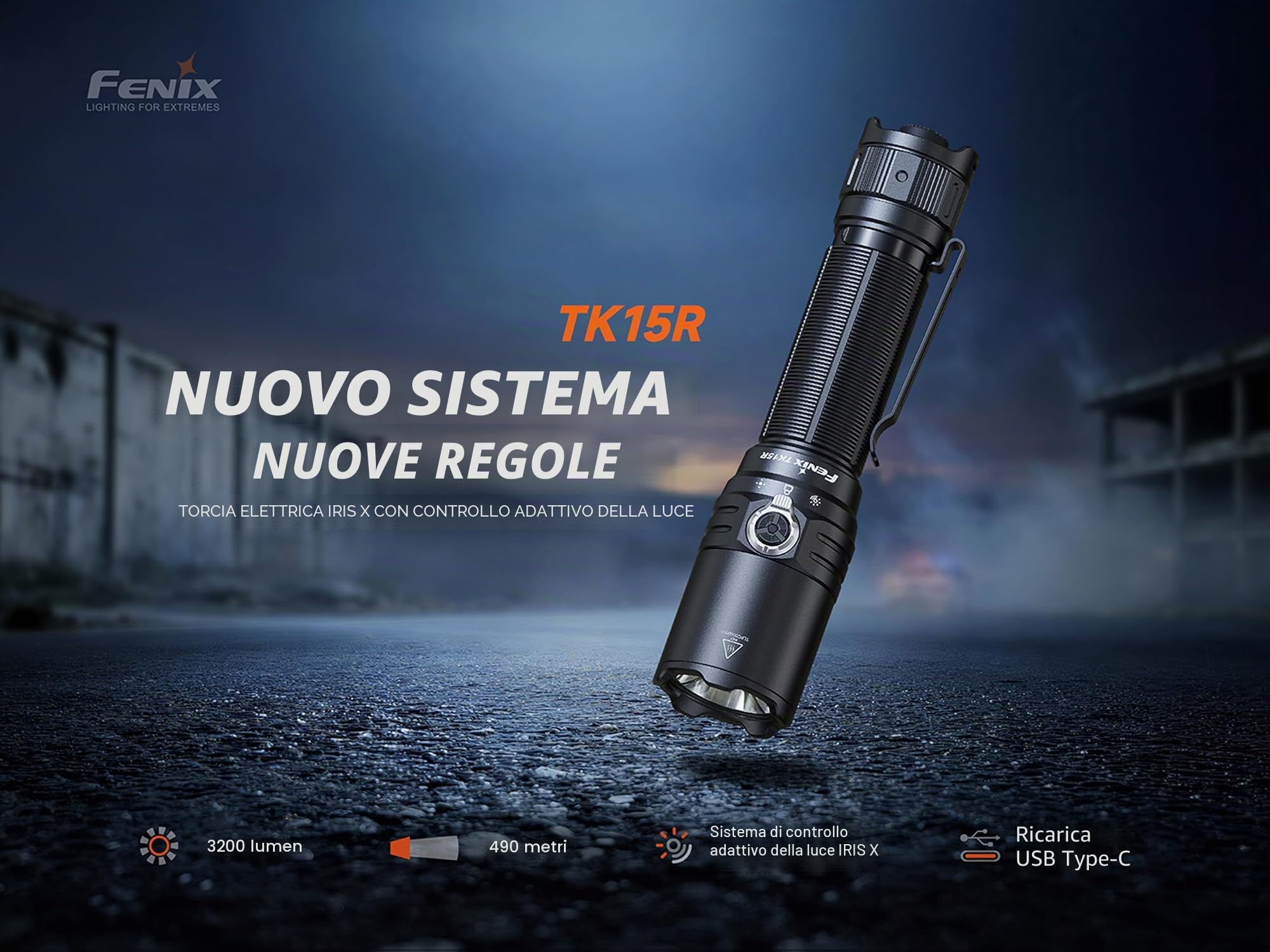Fenix TK15R - Torcia ricaricabile di sicurezza/esterna con controllo della luce adattivo Iris-X, 3200 lumen, 490 m, 68 ore massime, controllo della luce con regolazione automatica, selettore funzione