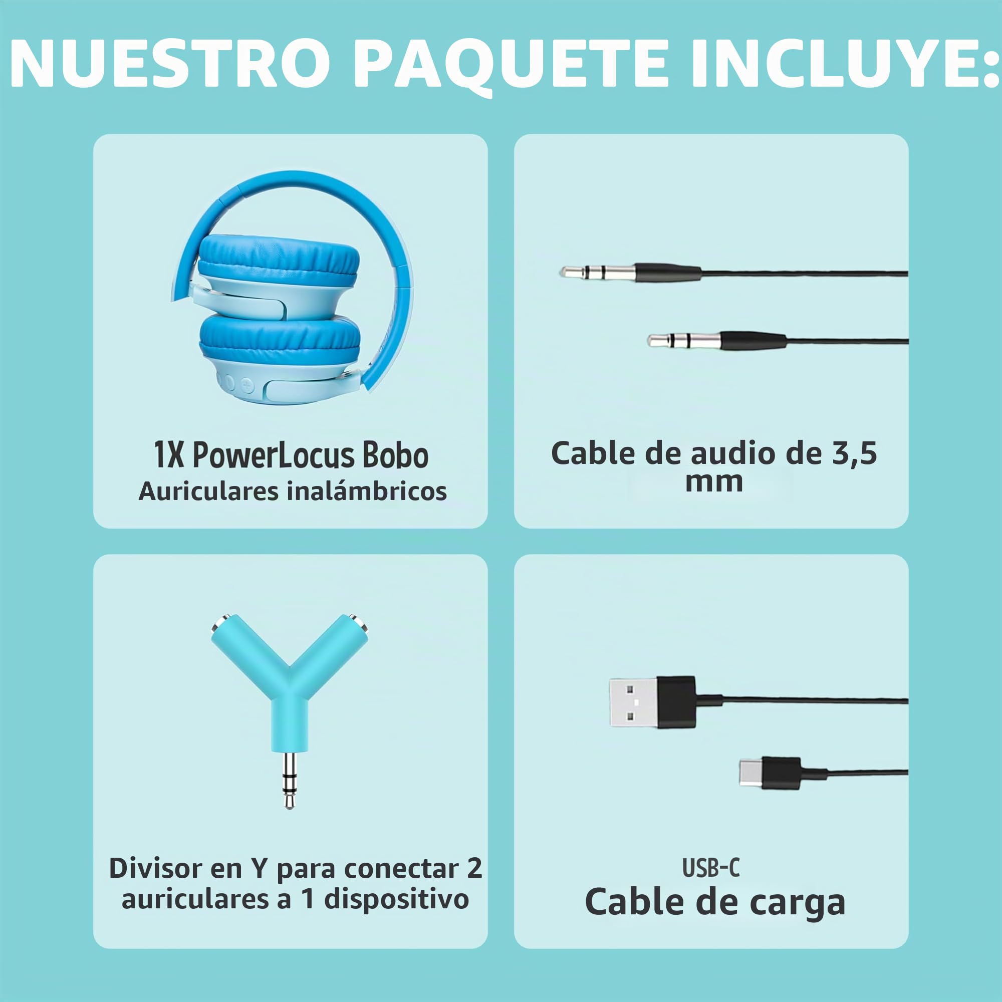 PowerLocus Auriculares de Diadema para Niños, Cascos Bluetooth Inalámbricos, Límite de Volumen de 74/85/94dB, Luces LED de Colores, Micrófono, Plegable, Conecta 2 Auriculares al Dispositivo