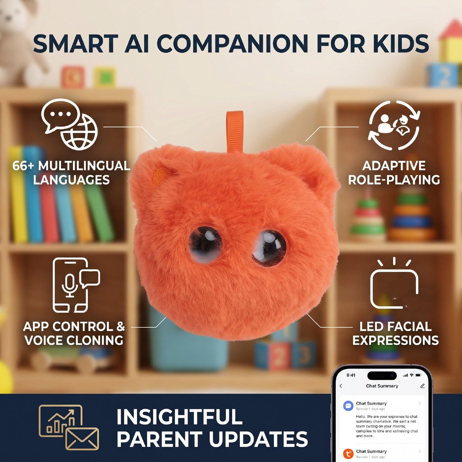 Sxhlseller Peluche de Gato Inteligente con IA, Compañero Parlante Interactivo con Chat Multilingüe, Juego de Roles Adaptativo, Aplicación de Clonación de Voz, Robot con IA de Aprendizaje (Orange)