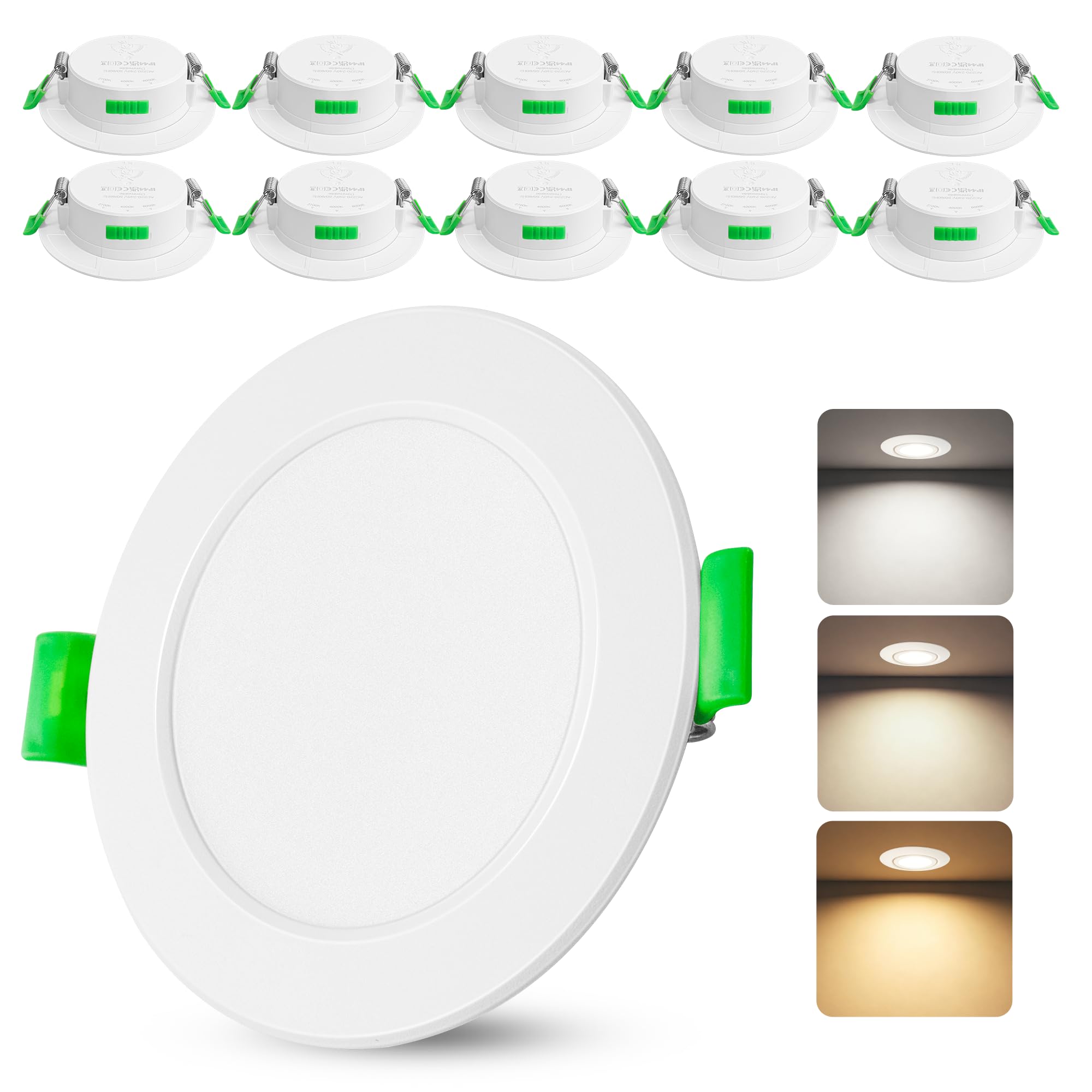 Juego de 10 focos LED empotrables blancos de 230 V - Focos de techo extra planos IP44 - Ø 75-90 mm, 6W, 600lm, 2700 K/4000 K/6000 K - Iluminación LED para baño, salón y cocina NAW