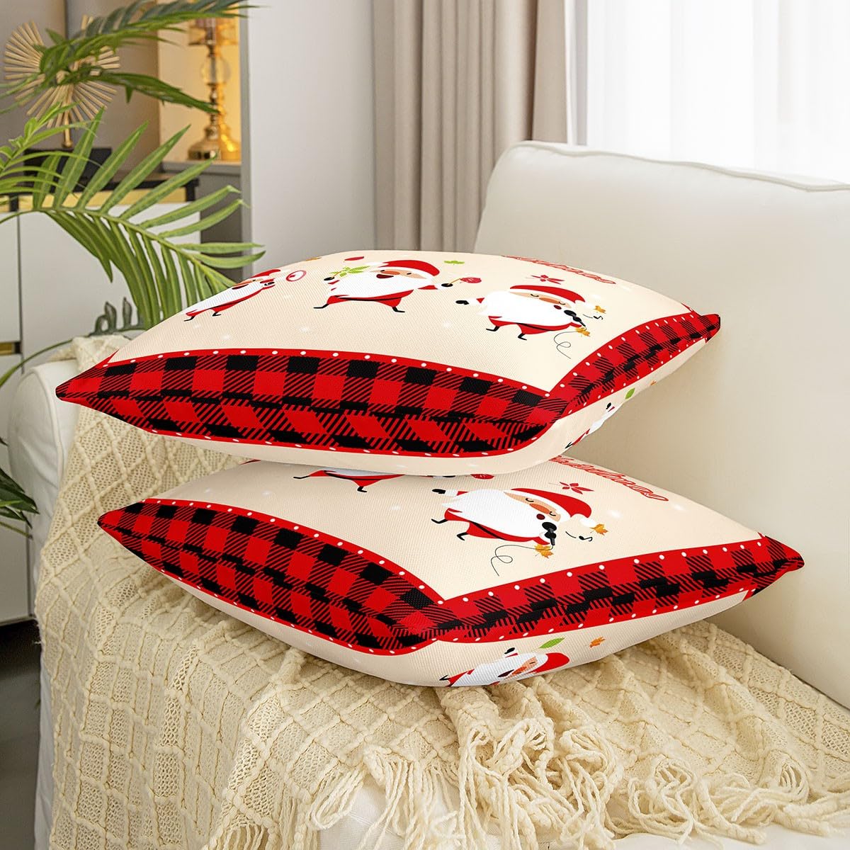 Fundas de almohada reversibles con temática navideña, fundas de almohada de Papá Noel, decoración del hogar para niños, fundas de cojín cuadradas de cuadrícula geométrica de búfalo, juego de 4 fundas