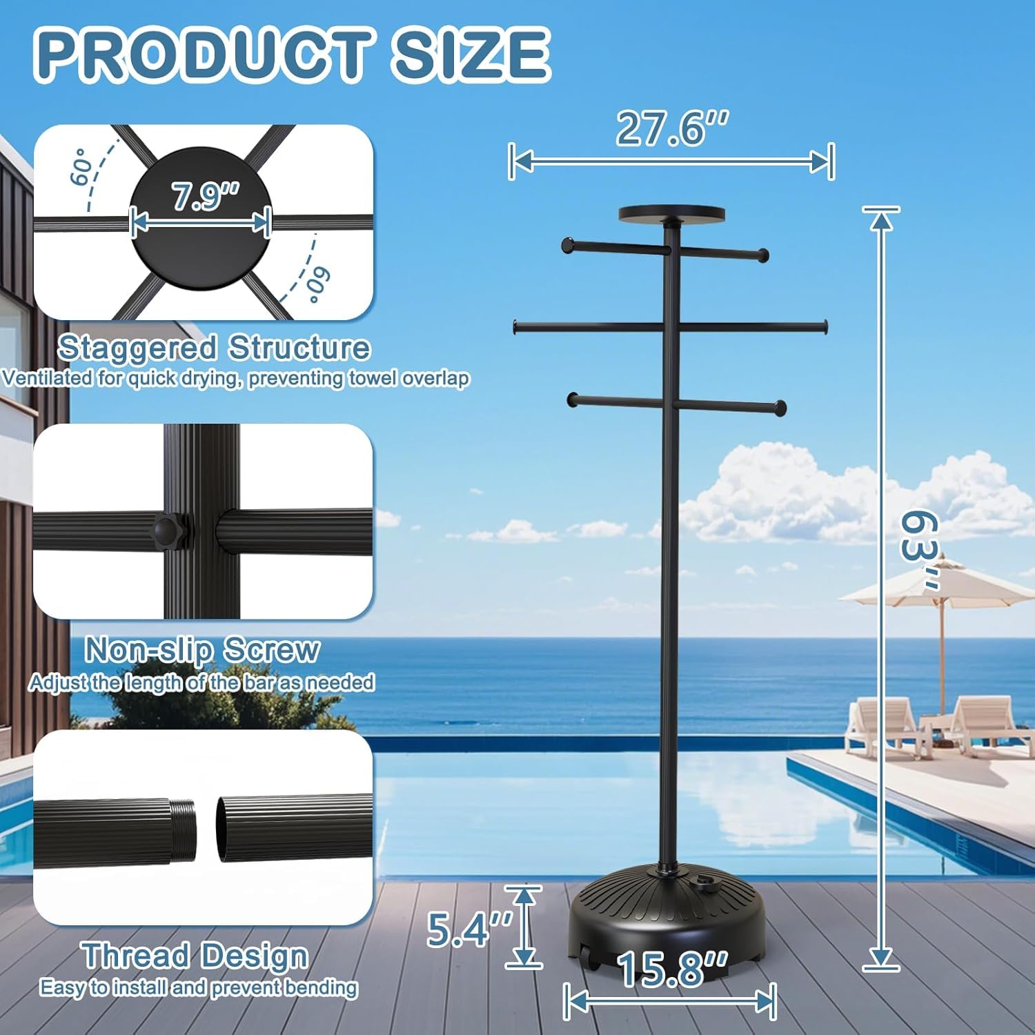 Toallero de piscina de 63 pulgadas con ruedas para interior y exterior, toallero con compartimento de almacenamiento, 6 barras ajustables, accesorios de tubo caliente, toallero independiente para