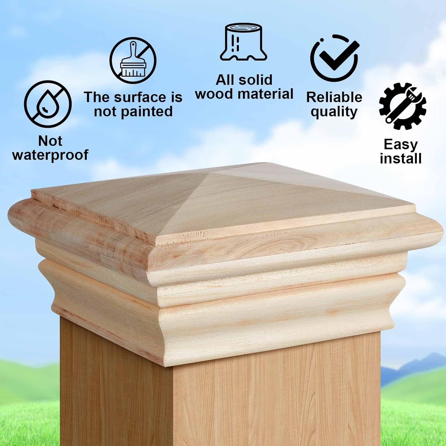 Geetery 2 Pcs 6 x 6 Inch (Actual 5.5'' x 5.5'') Wood Newel Post Cap Fence Post Cap for 5-5/8 Fence Topper Top Resistant Decking Caps for Outdoor Fences, Mailboxes and Decks (Poplar)