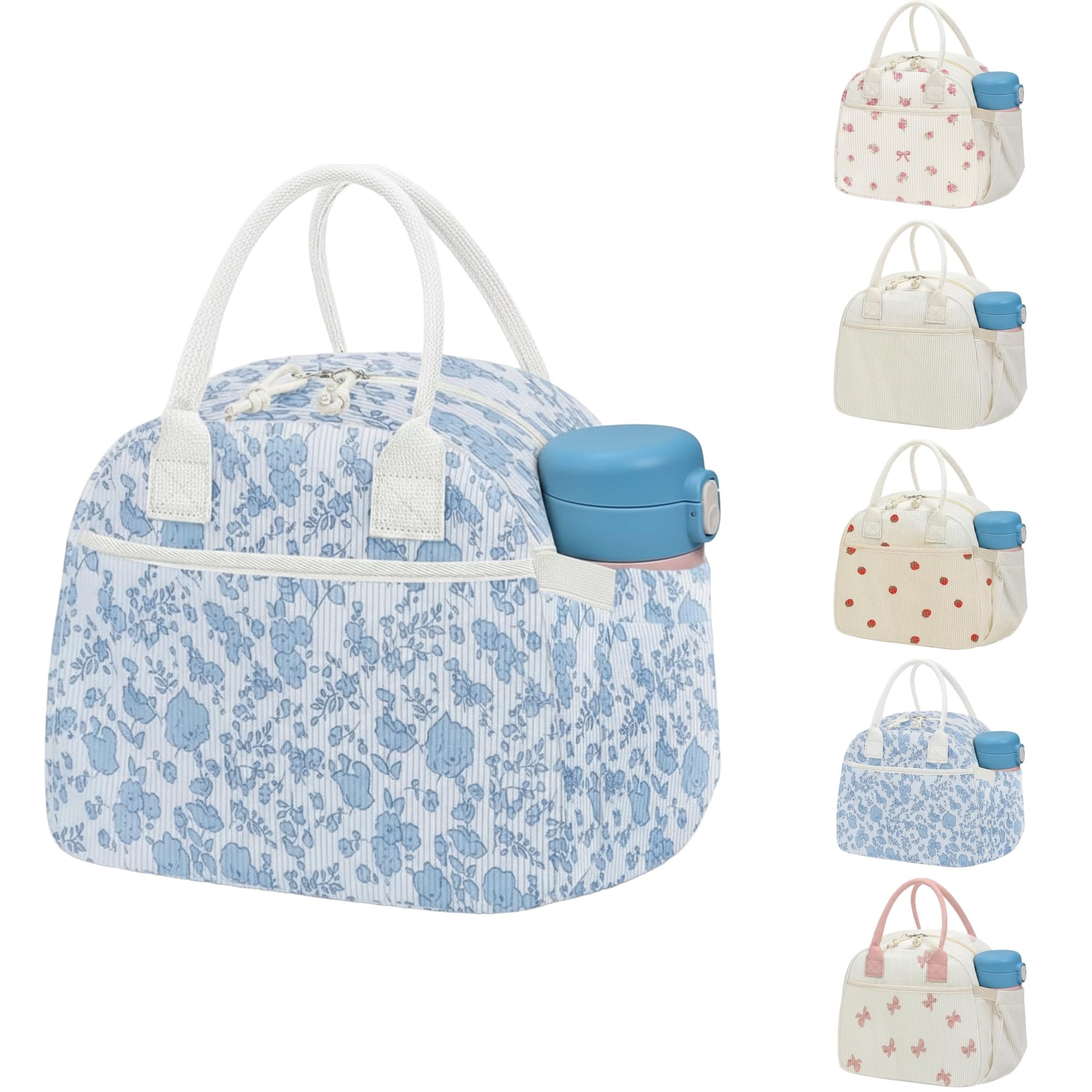 Arae Insulated Corduroy Lunch Bag for Women Reusable Thermal Food Box with Side Pocket Large Capacity Leakproof Tote for Work Picnic - Small Blue Floral — image 1