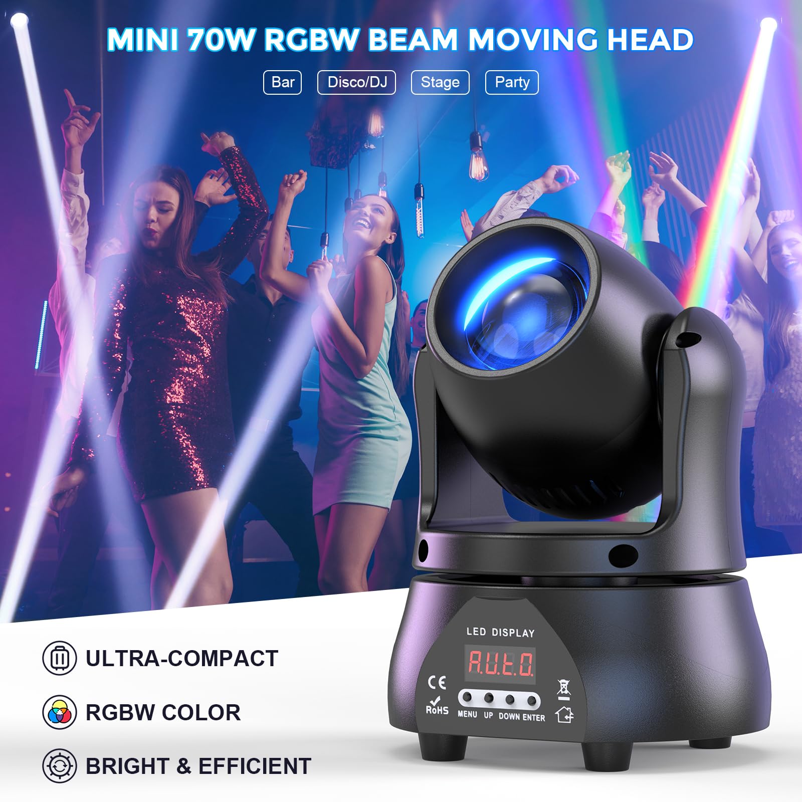2PCS 70W Teste Mobili Luci Palcoscenico Spot Beam, Luce Discoteca LED RGBW DMX512 Gioco di Luce Serata Controllo Vocale Luce di Festa per Club Bar Halloween DJ