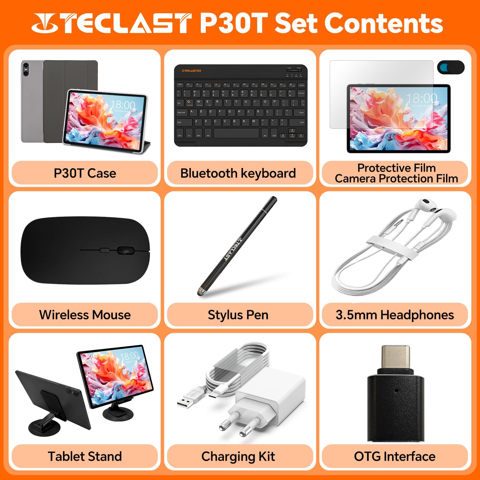 TECLAST P30T Android-15-Tablet 10.1 Pollici, 12GB RAM+128GB ROM(TF 4TB), 2GHz Octa-Core, 5G WiFi/Widevine L1/GPS/BT5/6000mAh/OTG/Tablet con Tastiera+Custodia+Penna+3.5mm Auricolari, 10 Accessori-2025