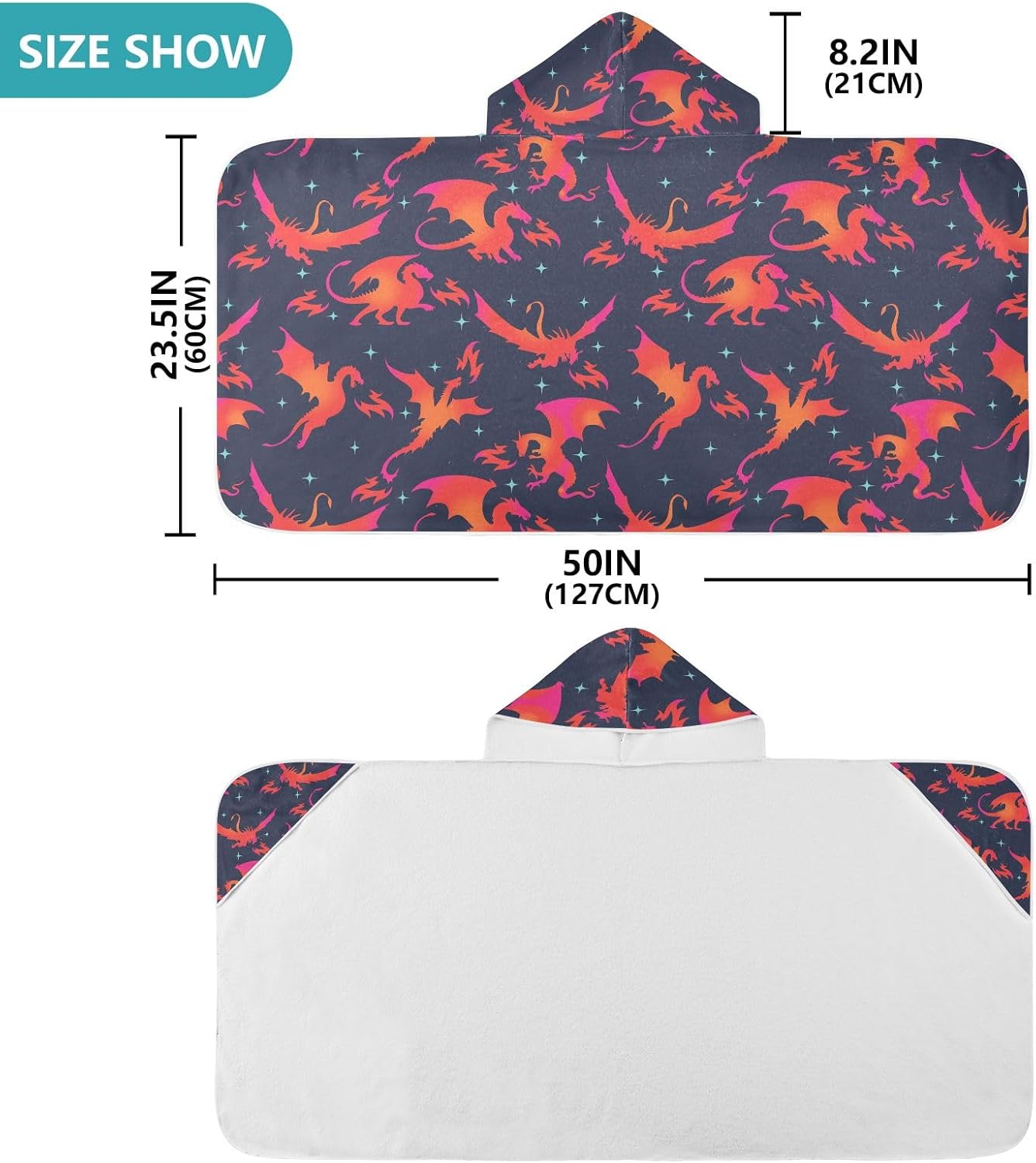 Kids Hooded Beach Towel Fire Dragon Star Pattern Printed for Toddler Boys Girls, Soft Absorbent Bath Swimming Towels 30x50 Inches
