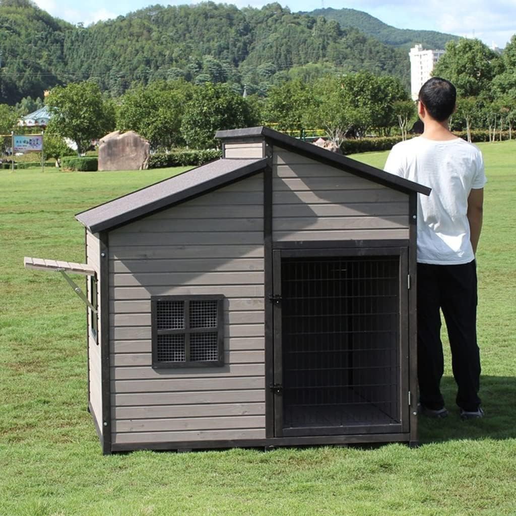 Outdoor Dog House, Wooden Raised Pet Kennel with Asphalt Roof, Front Door, Side Window, Porch for Medium/Large Dogs(Size:3X-Large)